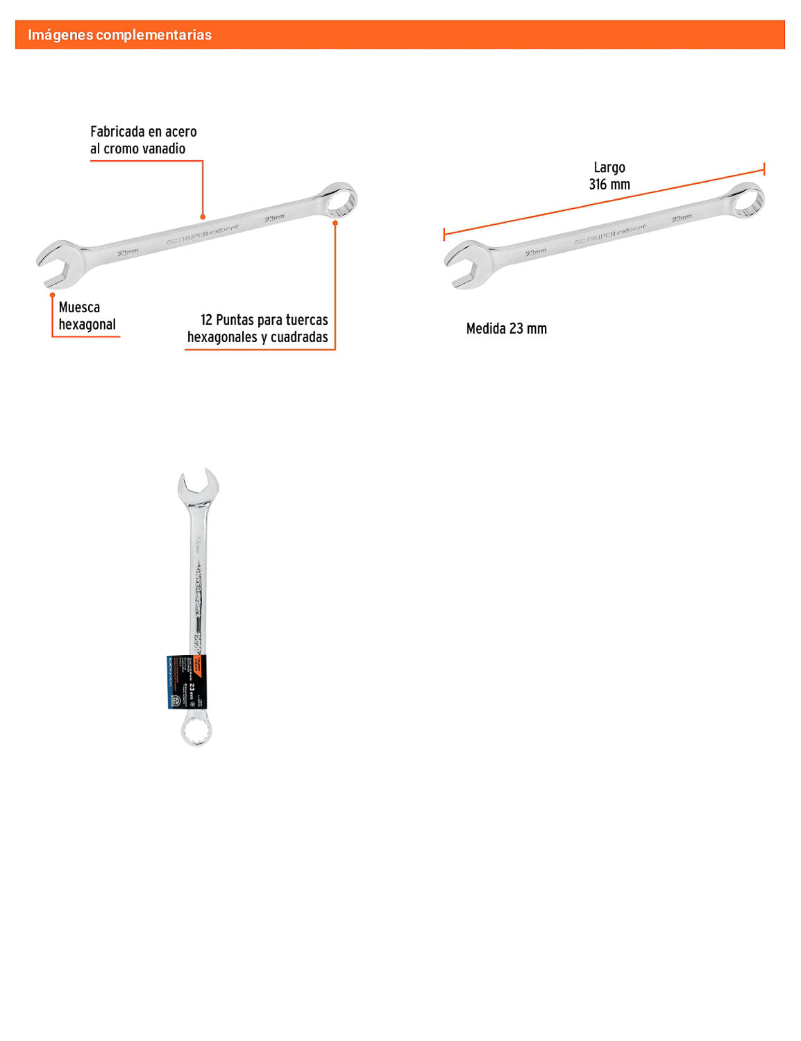 Llave combinada extralarga 23 mm con muesca hexagonal