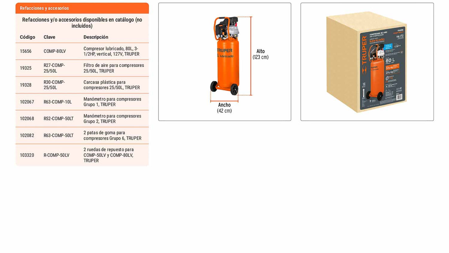 Compresor lubricado 80 L vertical 3-1/2 HP
