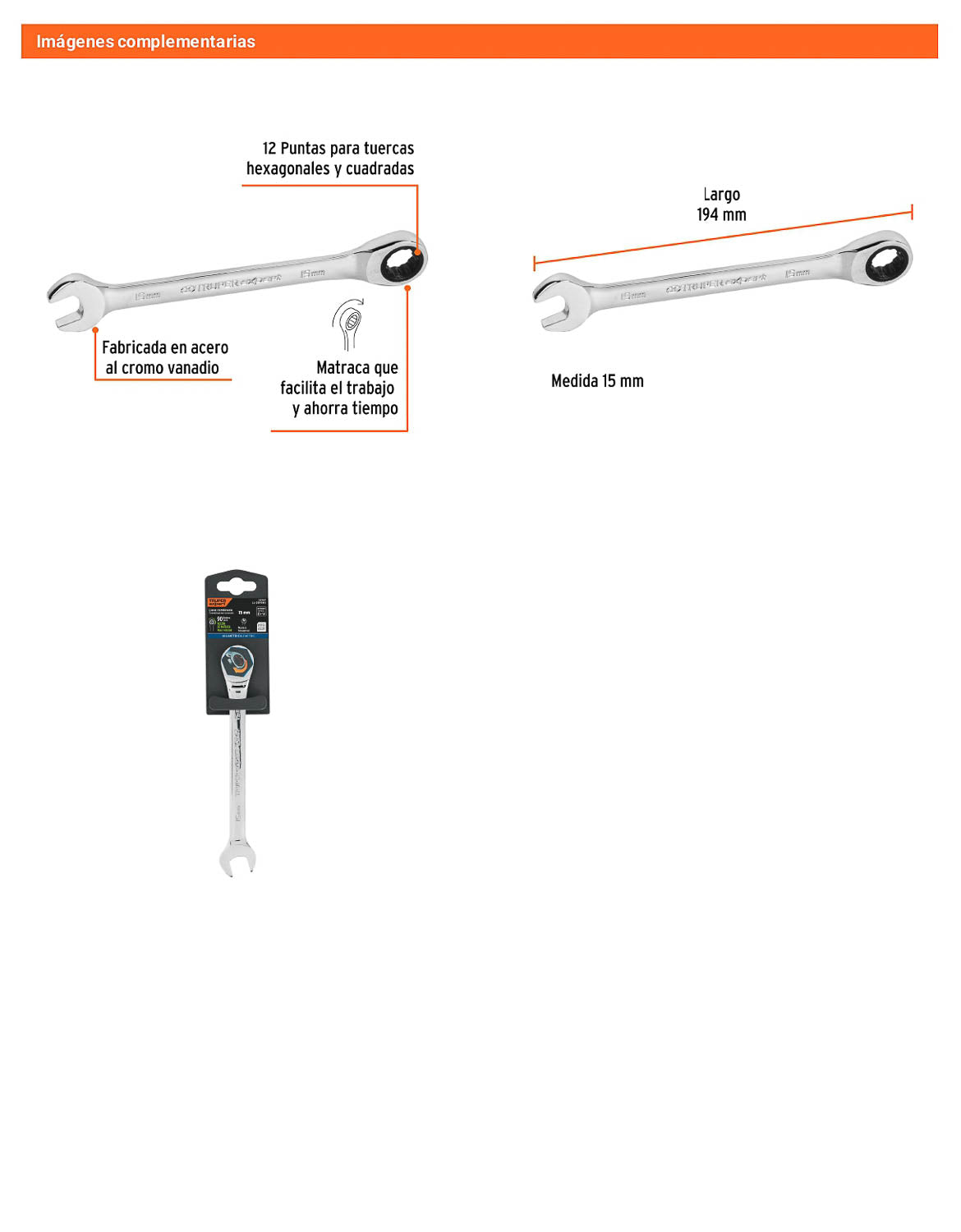 Llave combinada con matraca 15 mm