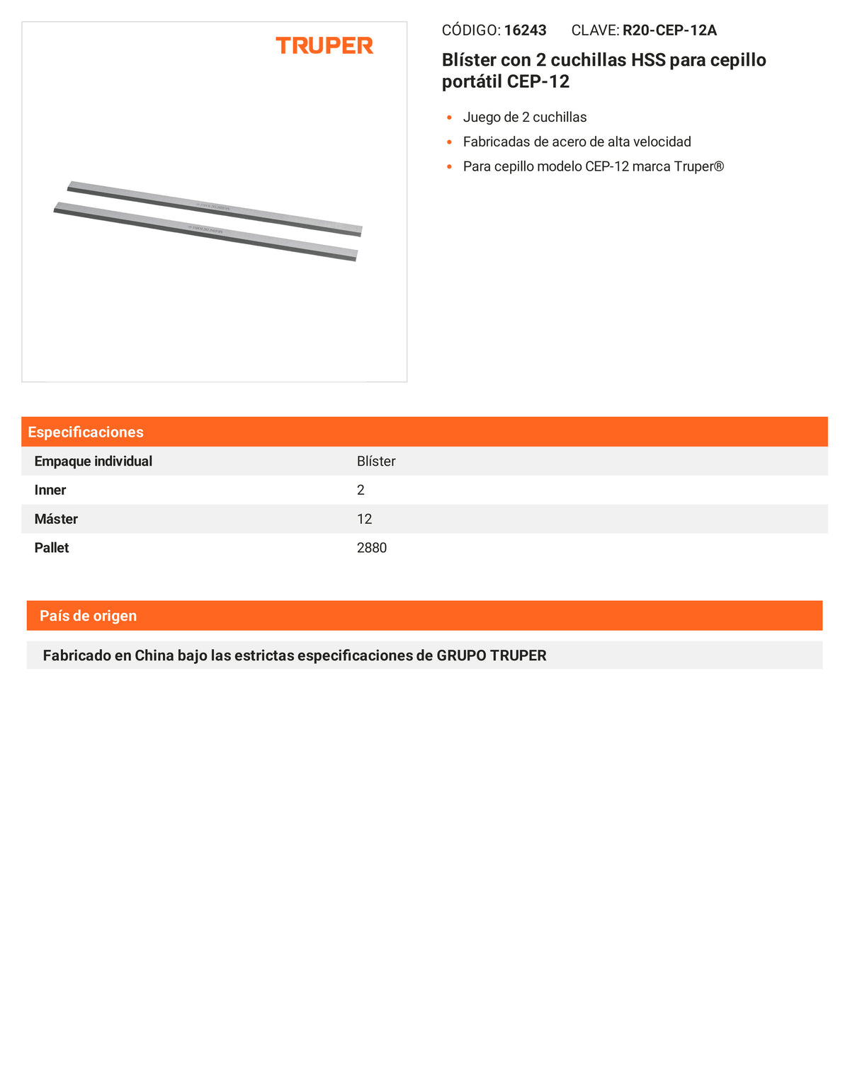 Ficha tecnica - Blister con 2 cuchillas HSS CEP-12 - SKU 16243
