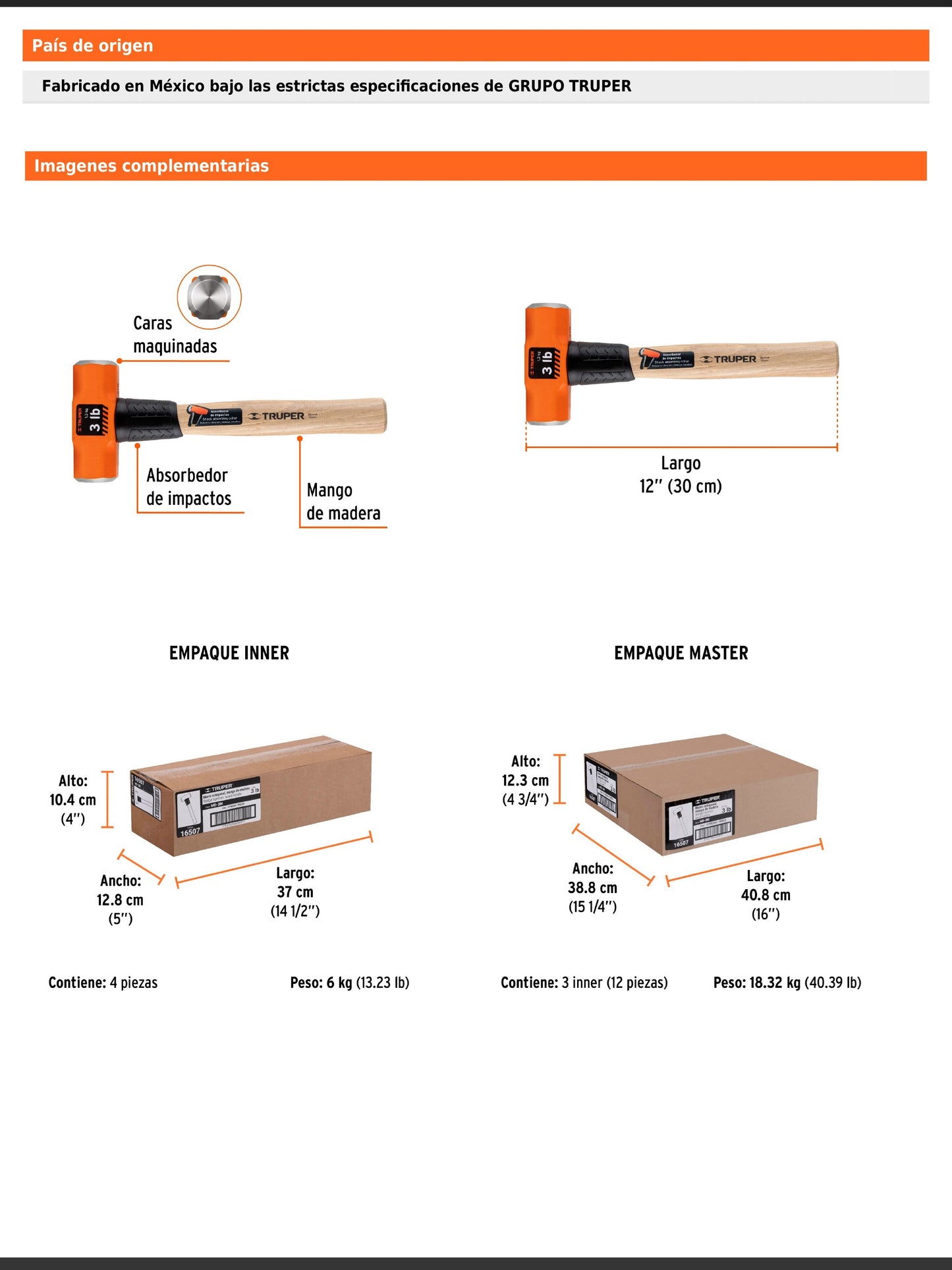 Marro octagonal de 3 libras con mango de madera de 30 cm