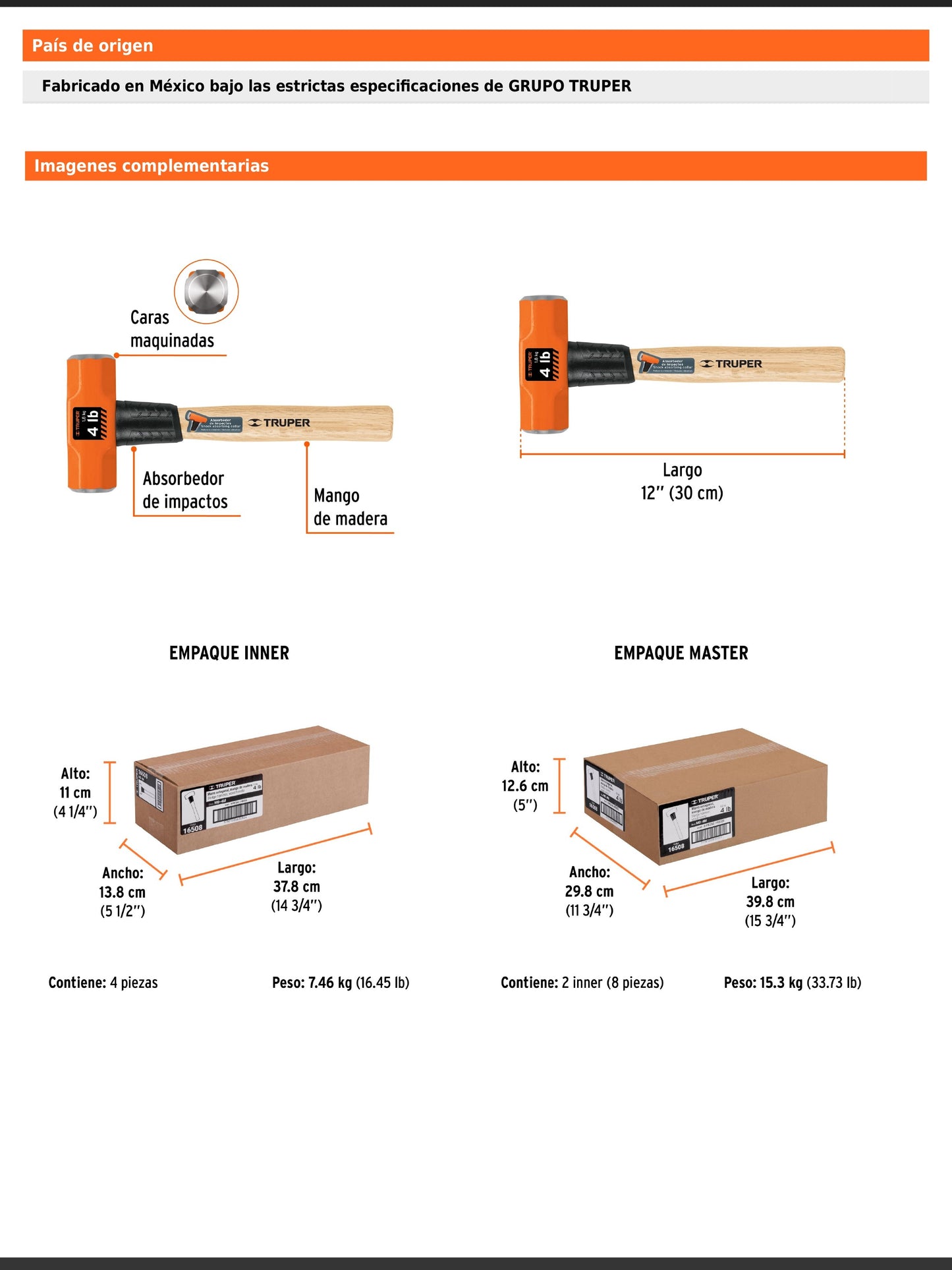 Marro octagonal de 4 libras con mango de madera de 30 cm