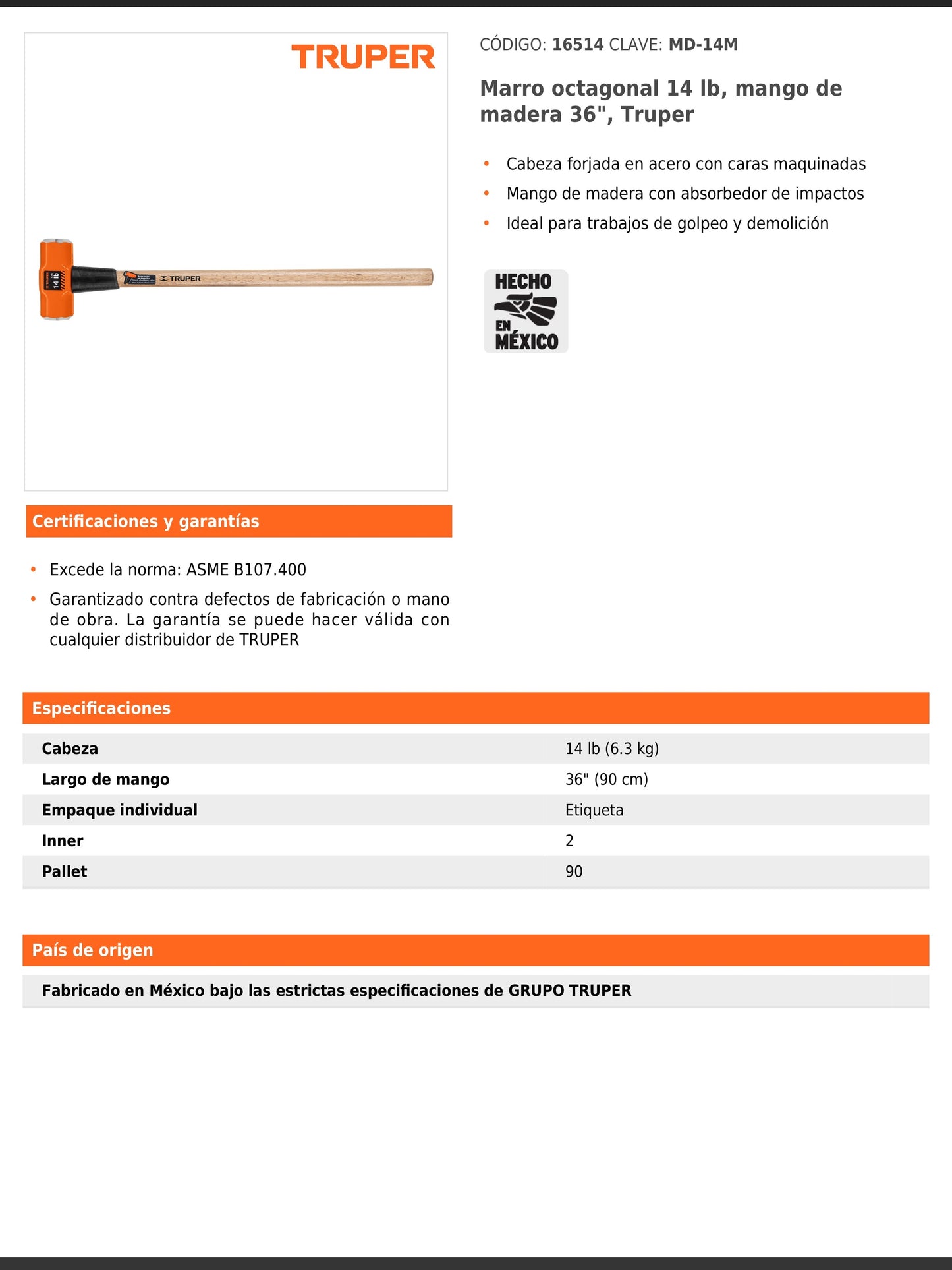 Marro octagonal de 14 libras con mango de madera de 90 cm