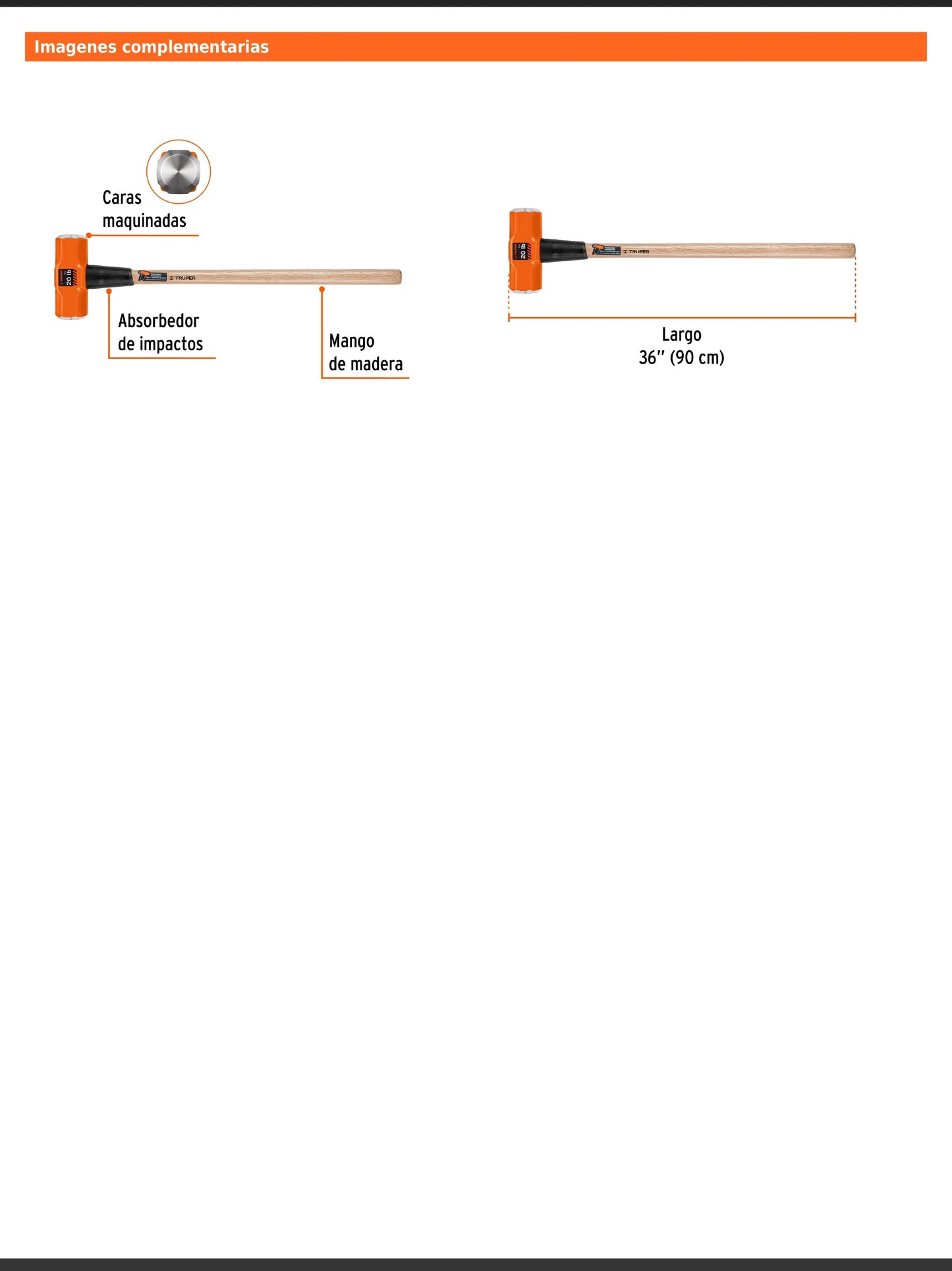 Marro octagonal de 20 libras con mango de madera de 90 cm