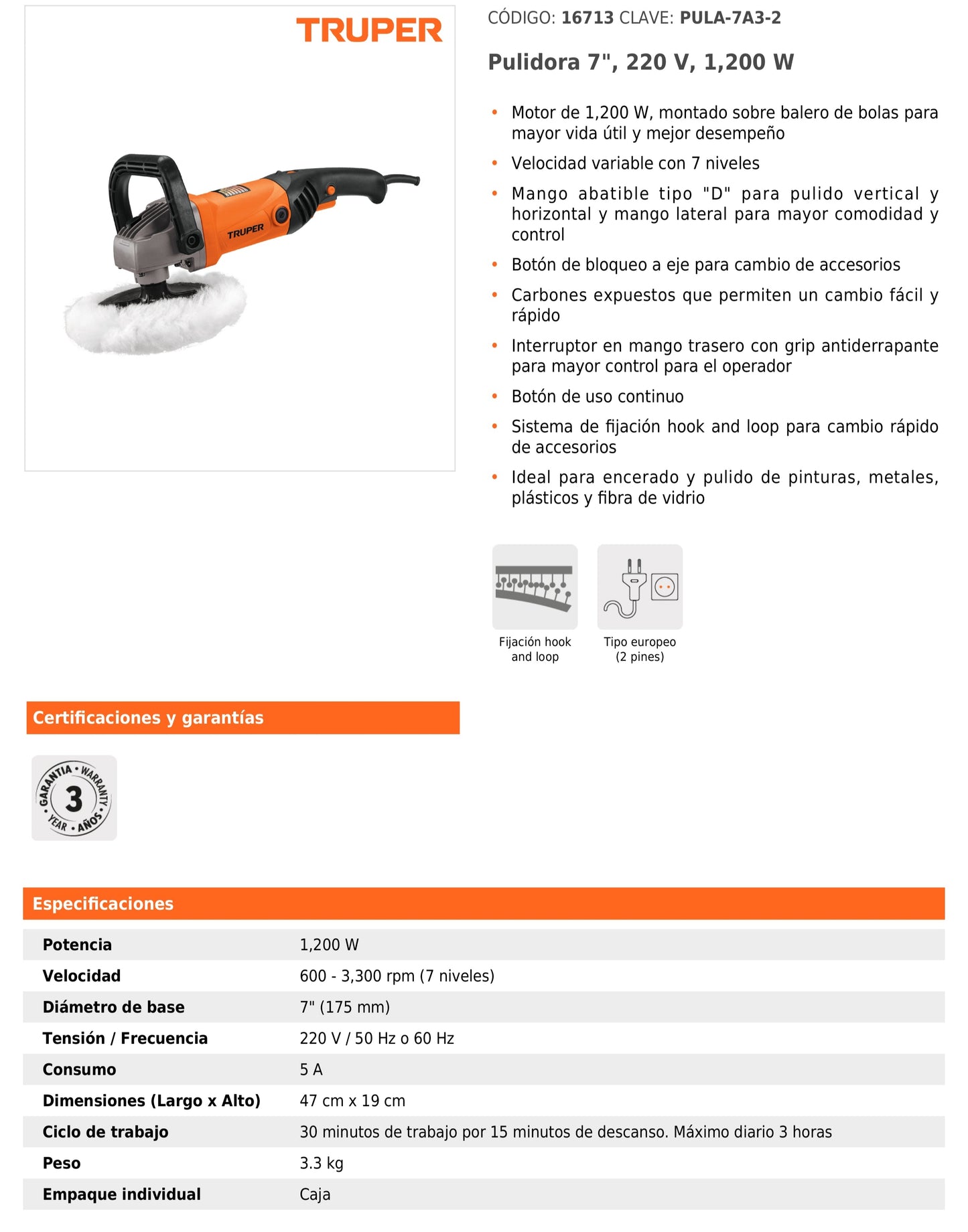 Pulidora 7" 1200 W velocidad variable industrial