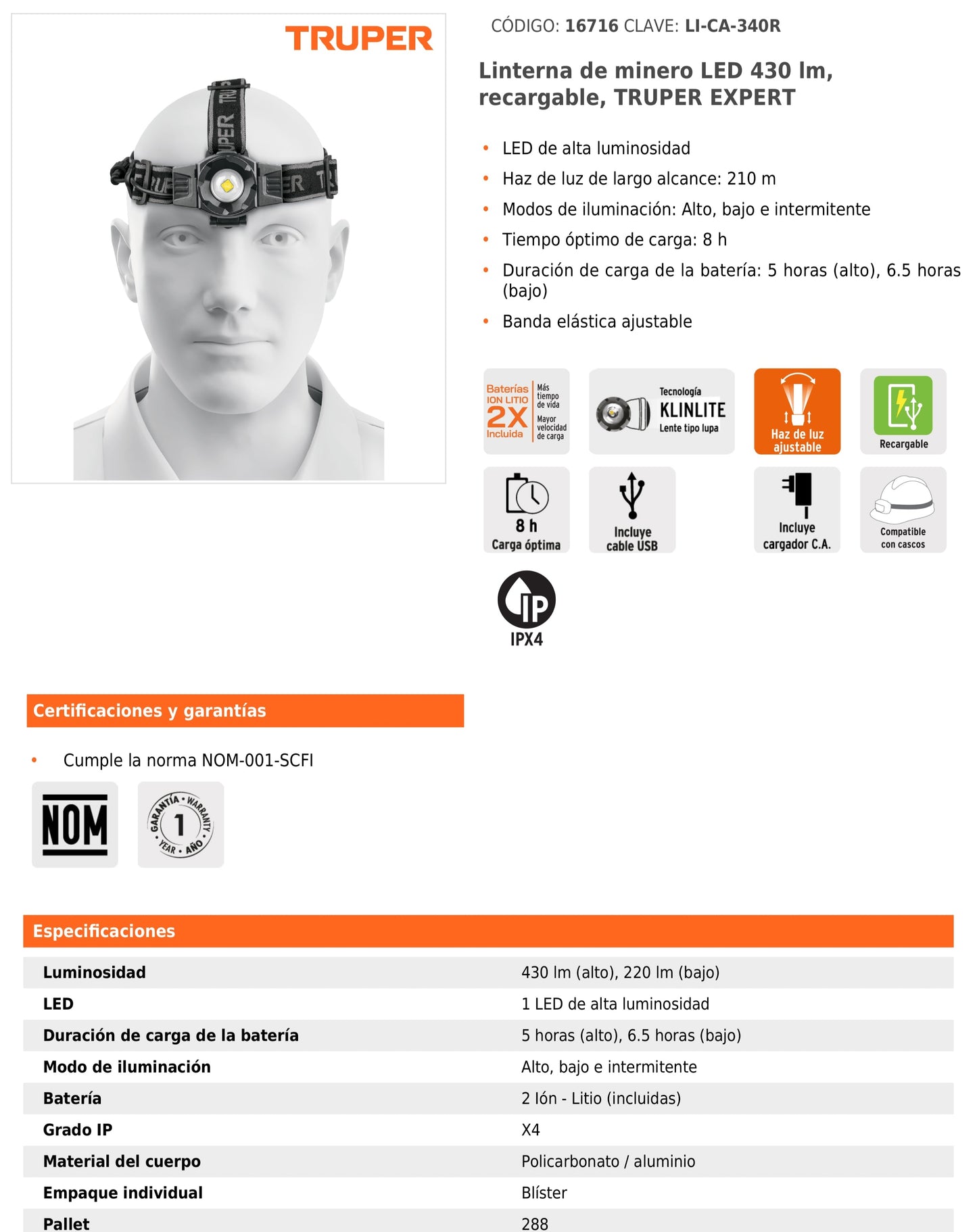 Linterna de minero 1 LED 340 lm recargable