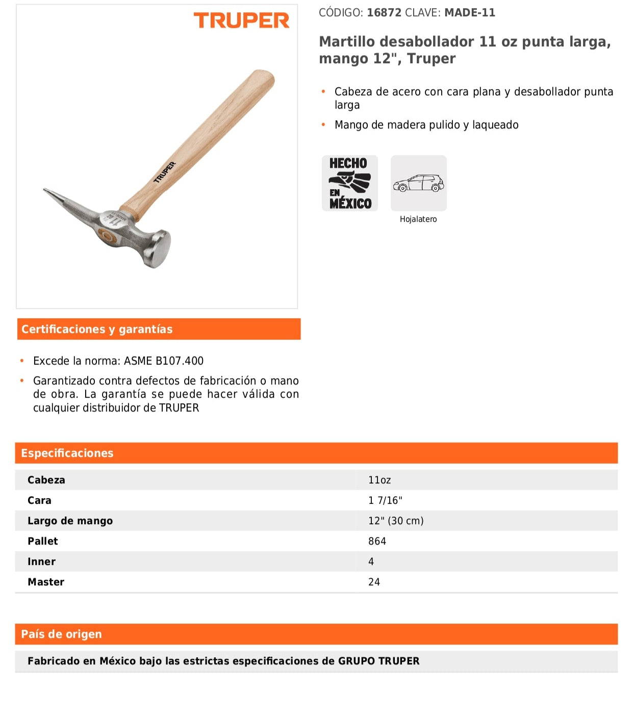 Martillo desabollador de 11 oz con punta larga y mango de madera de 12 pulgadas