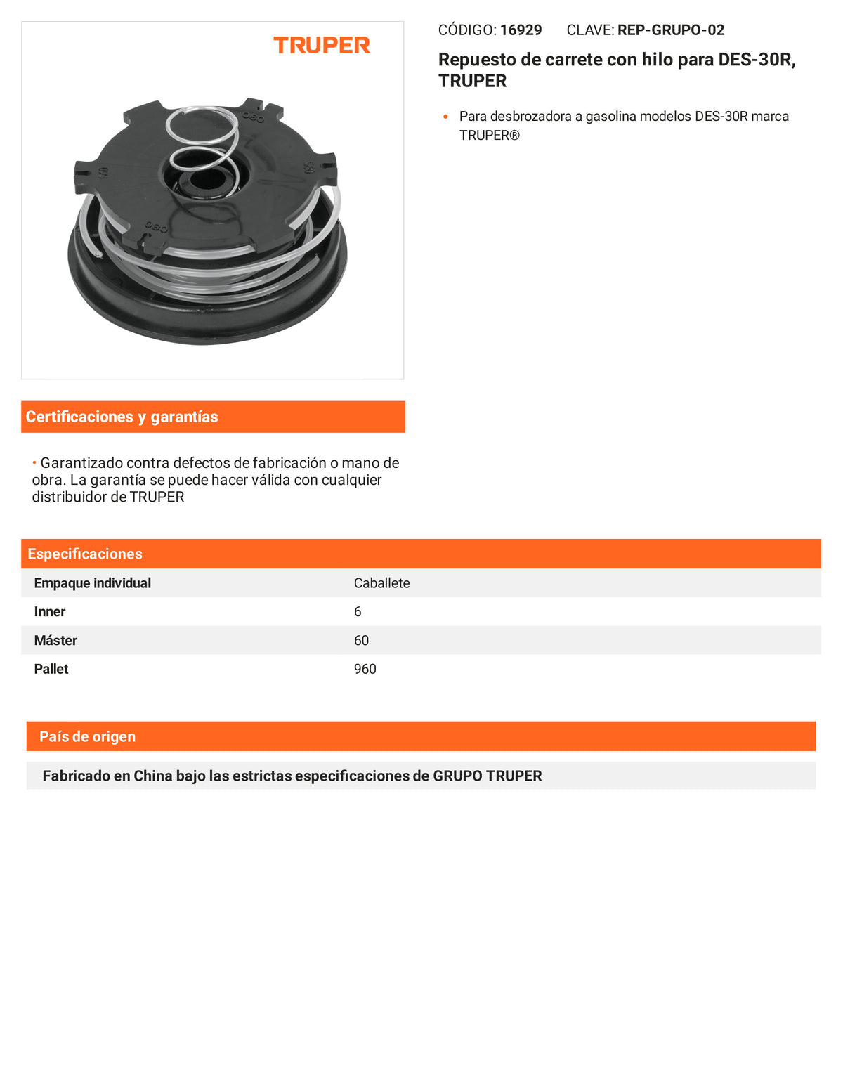 Ficha tecnica - Repuesto de carrete con hilo para DES-30R - SKU 16929