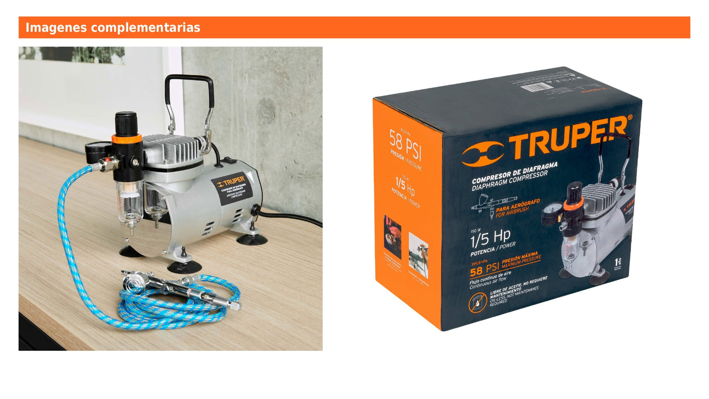 Compresor libre de aceite para aerógrafo de 1/5 HP y 127 V