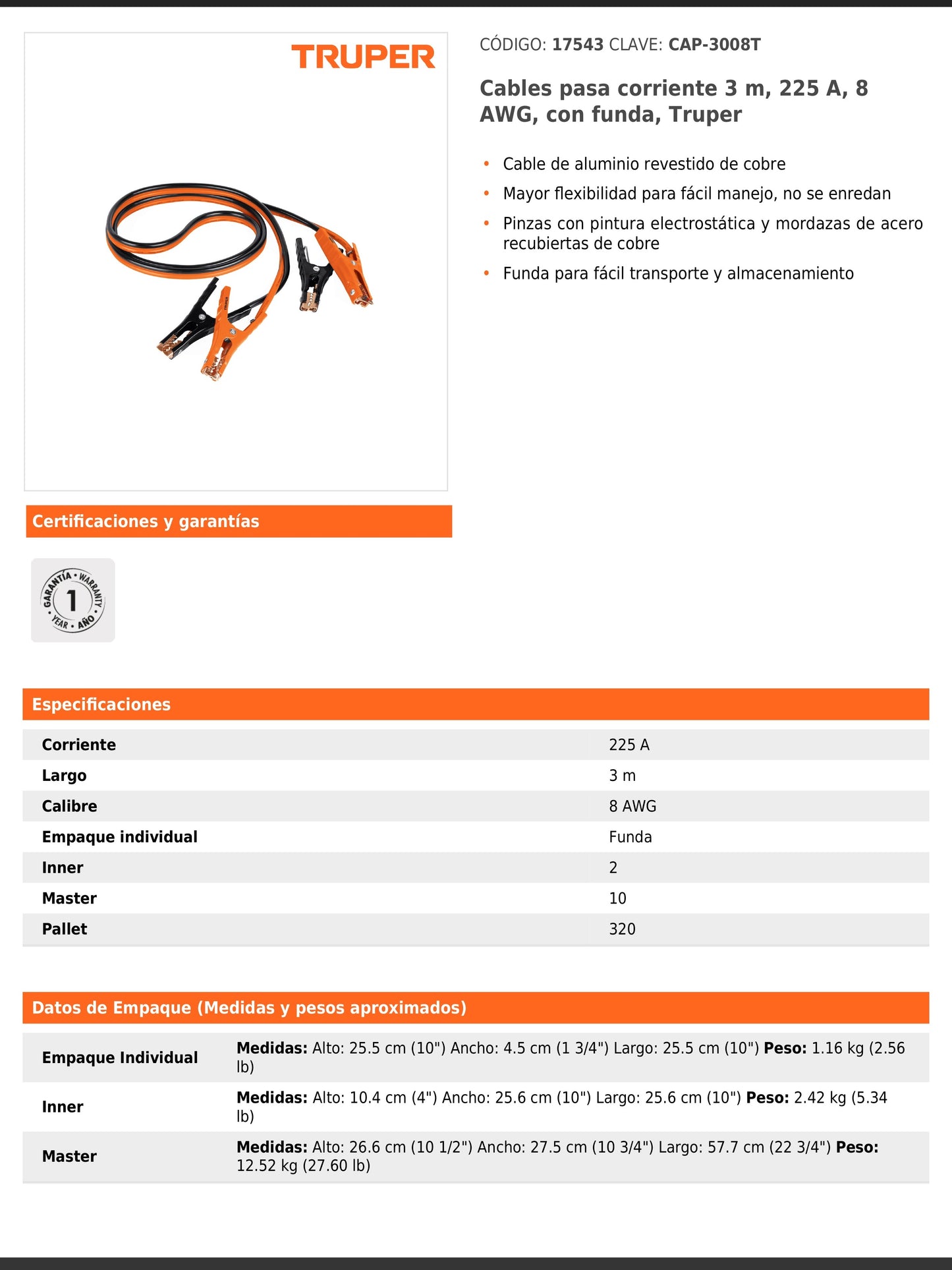 Cables pasa corriente de 3 m con 225 A y calibre 8 AWG