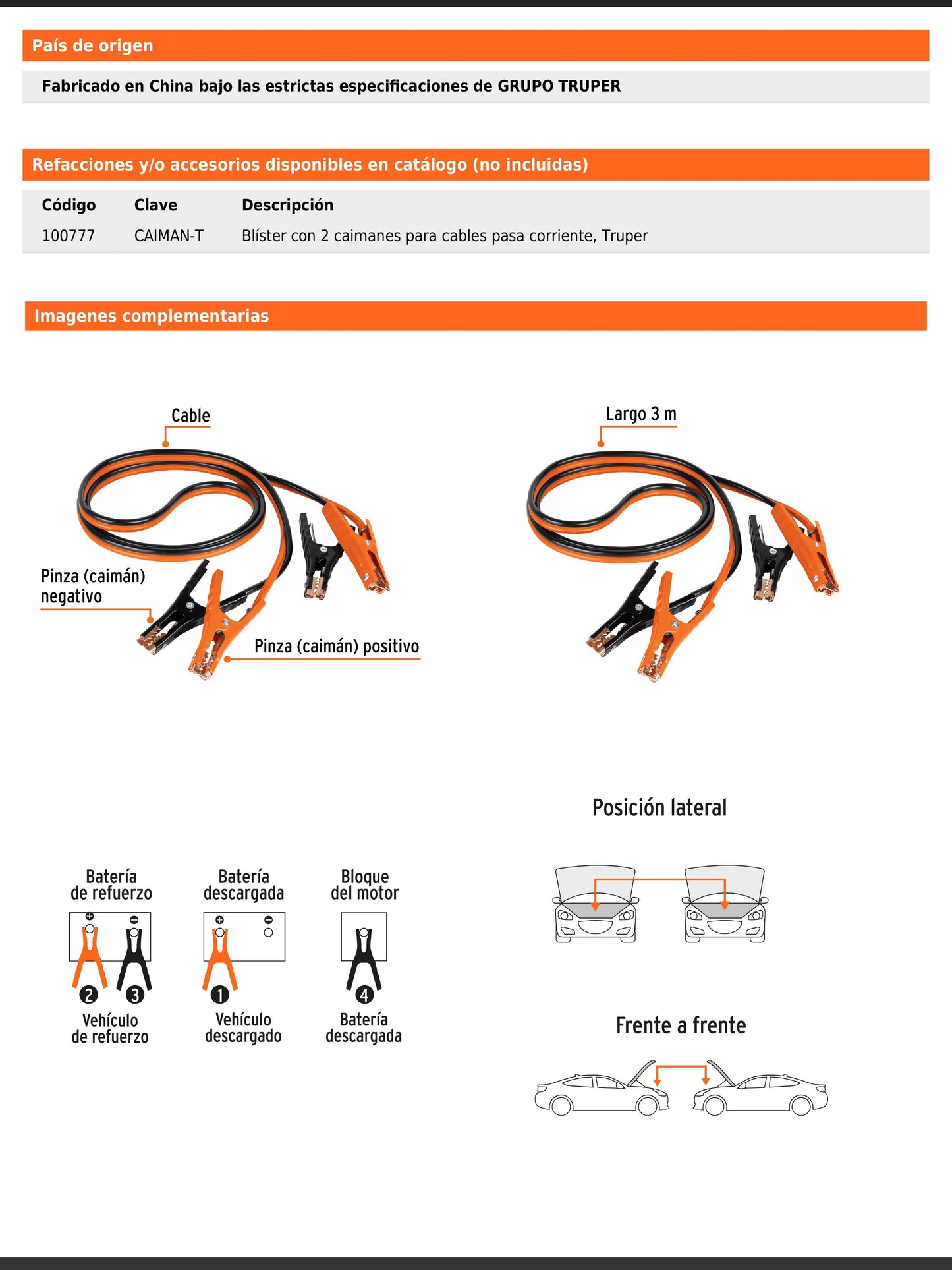 Cables pasa corriente de 3 m con 225 A y calibre 8 AWG
