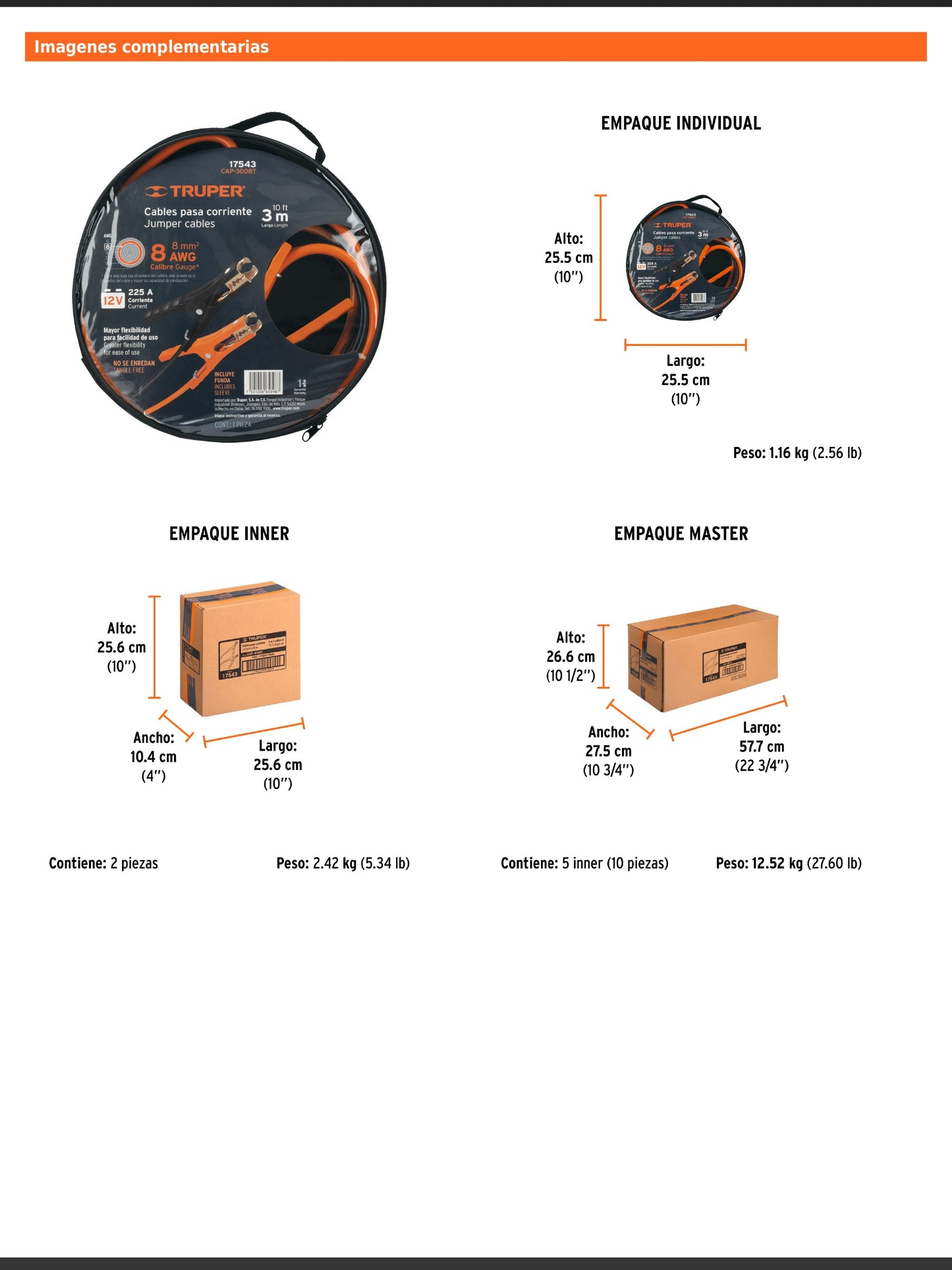 Cables pasa corriente de 3 m con 225 A y calibre 8 AWG