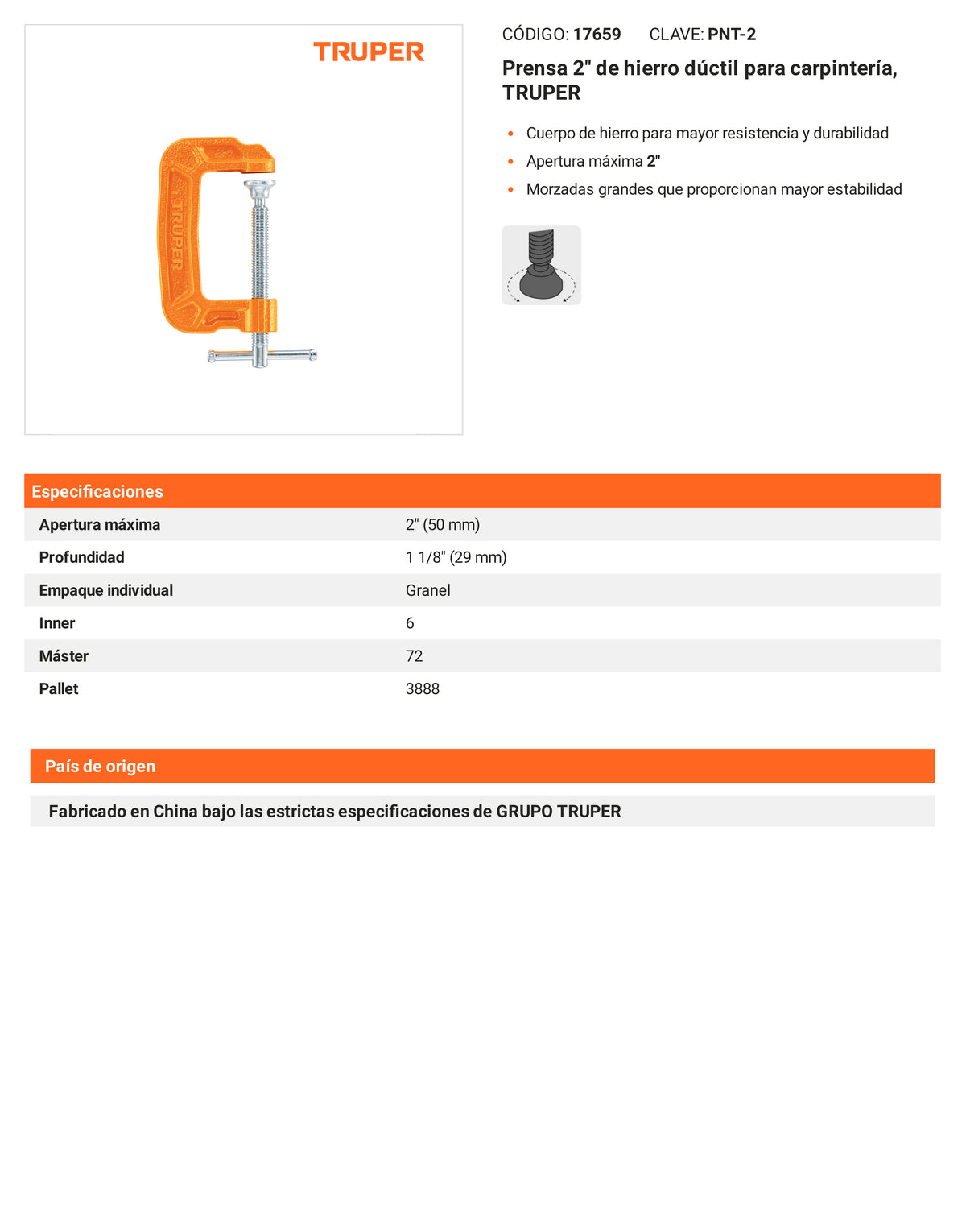 Ficha tecnica - Prensa 2 pulg de hierro ductil para carpinteria - SKU 17659