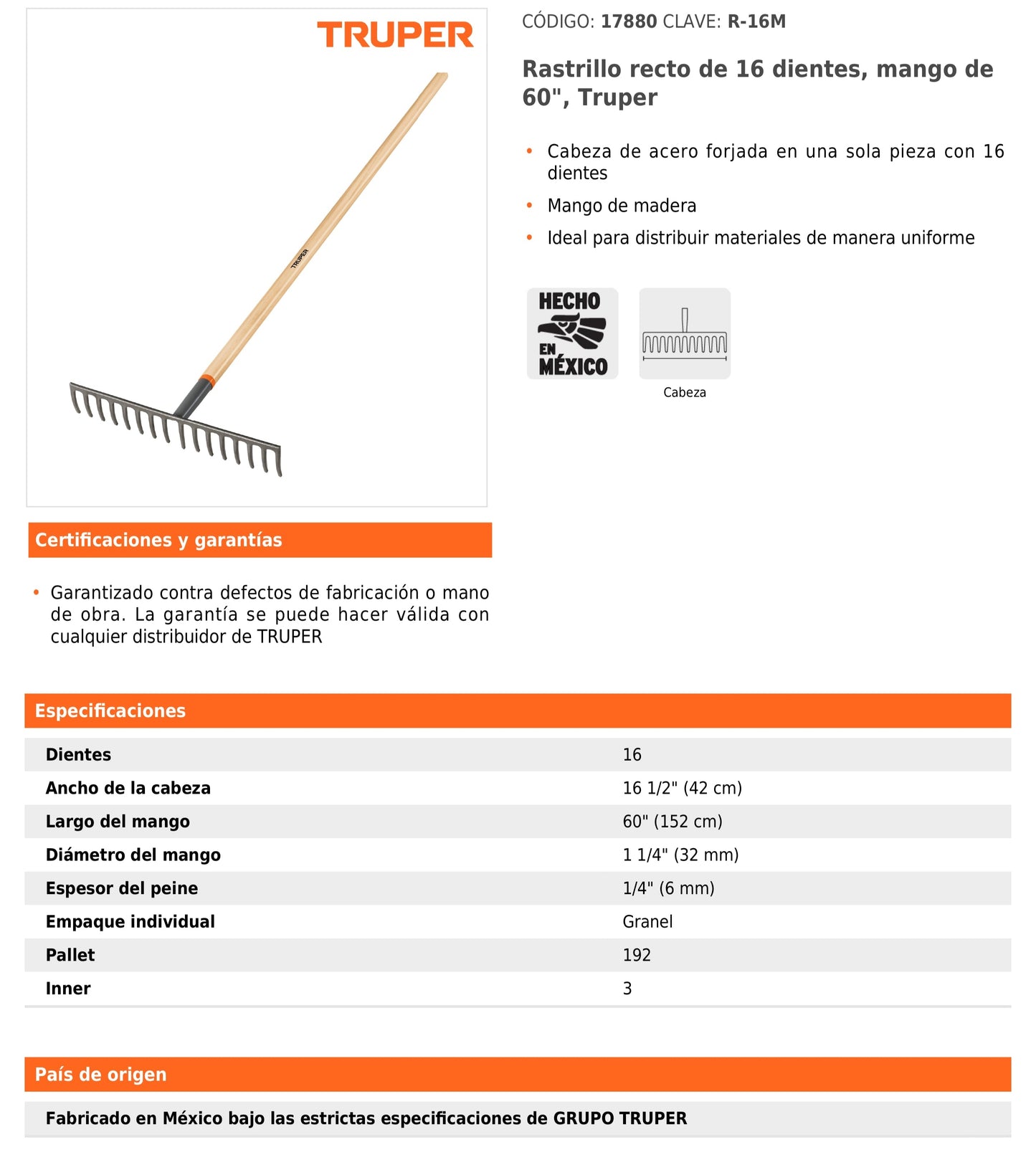 Rastrillo recto de 16 dientes con mango de 60"