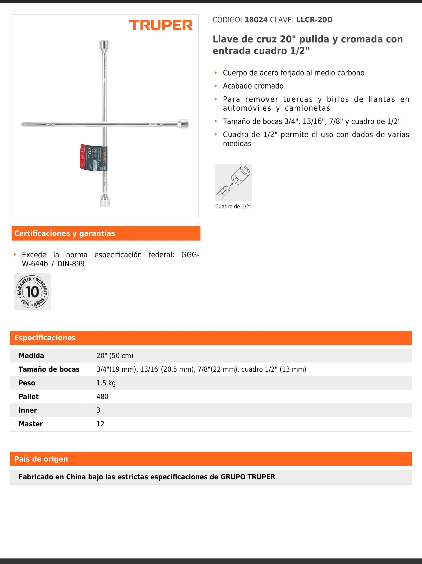 Llave de cruz de 50 cm pulida y cromada con entrada de cuadro de 1/2"