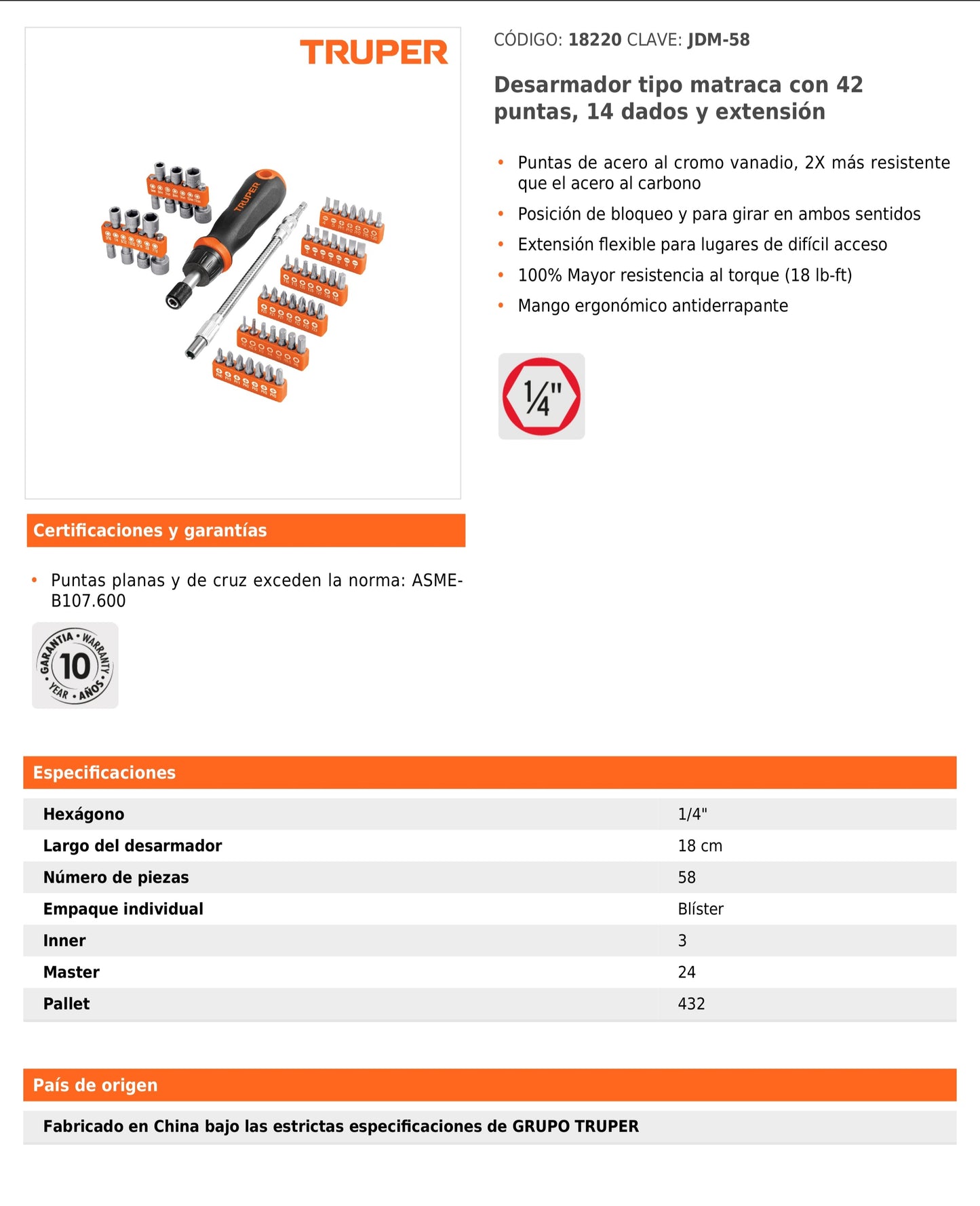 Desarmador Tipo Matraca con 42 Puntas y 14 Dados, Truper