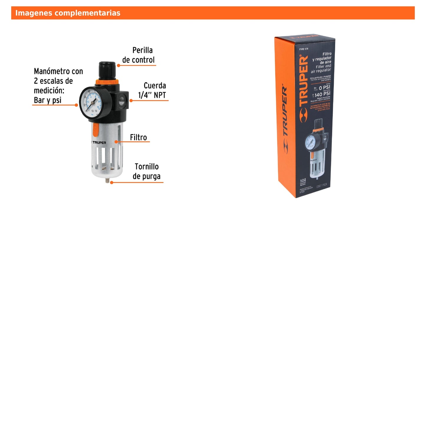 Filtro y Regulador de Presión de Aire Cuerda 1/4 NPT