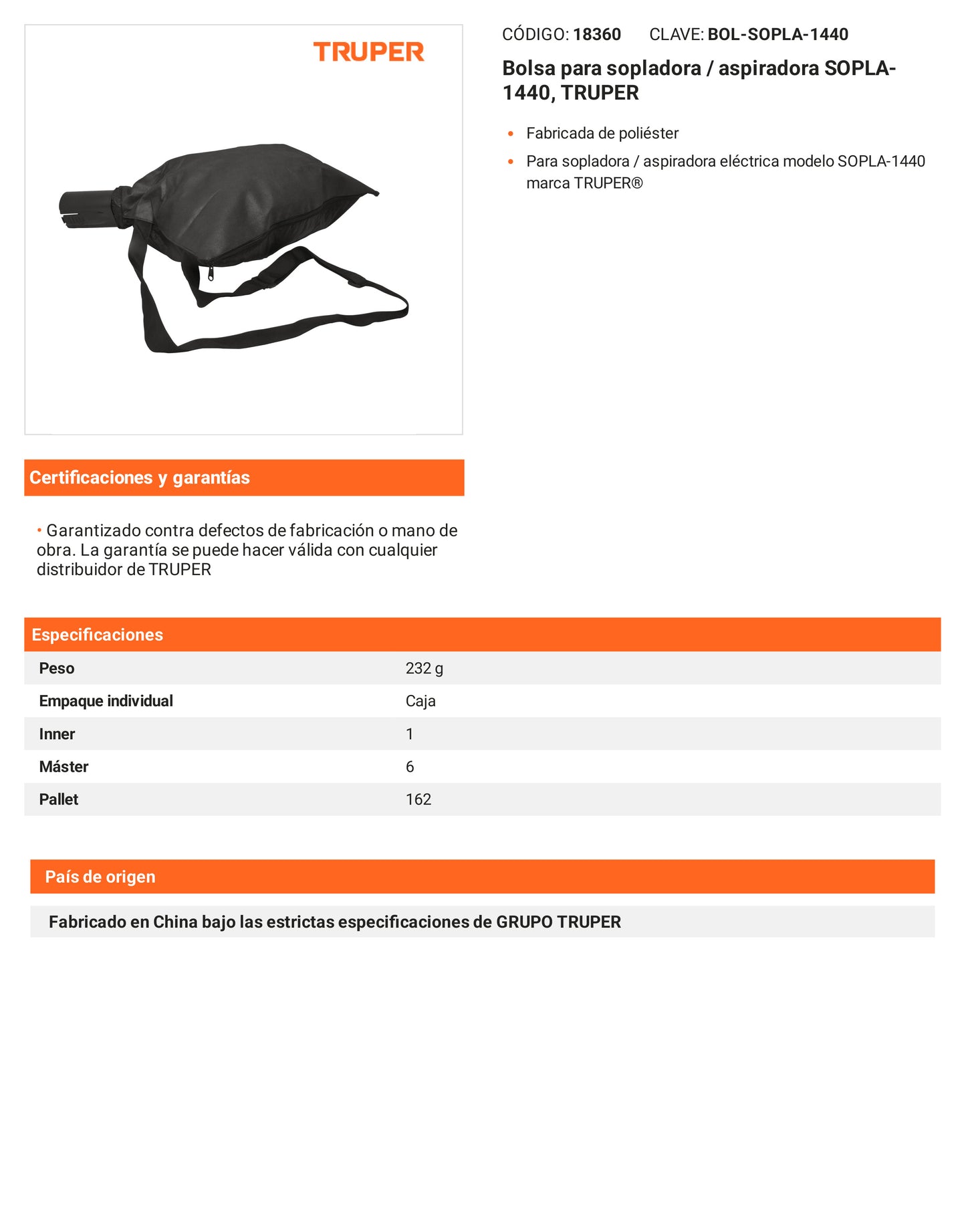 Ficha tecnica - Bolsa para sopladora/aspiradora SOPLA-1440 - SKU 18360