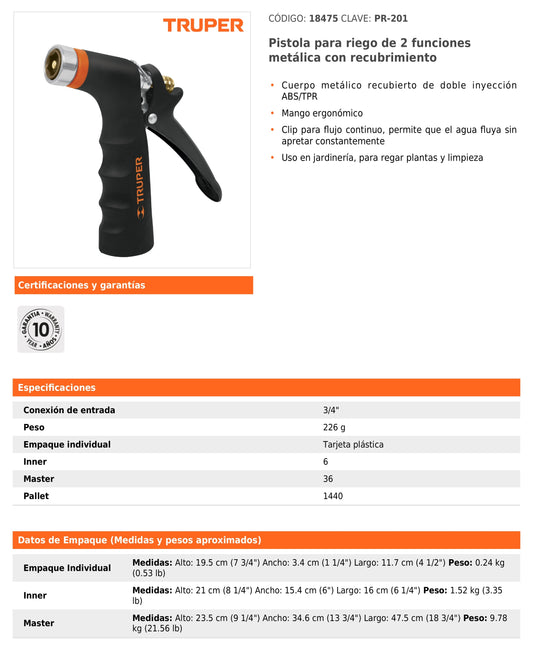 Pistola para riego metálica con 2 funciones y recubrimiento ergonómico