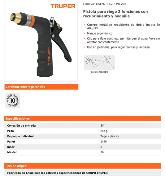 Pistola para riego de 2 funciones con recubrimiento y boquilla metálica