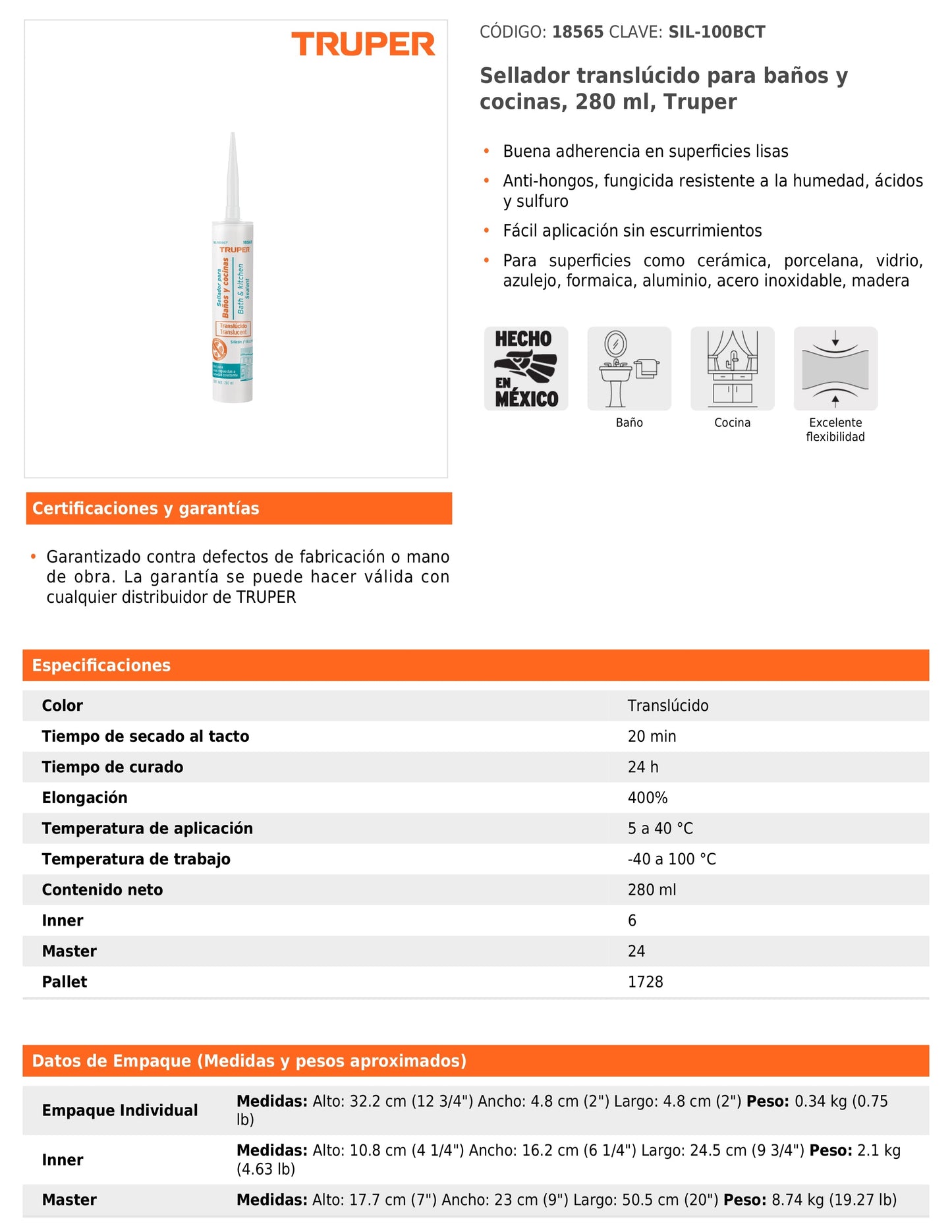 Sellador translúcido de 280ml para baños y cocinas