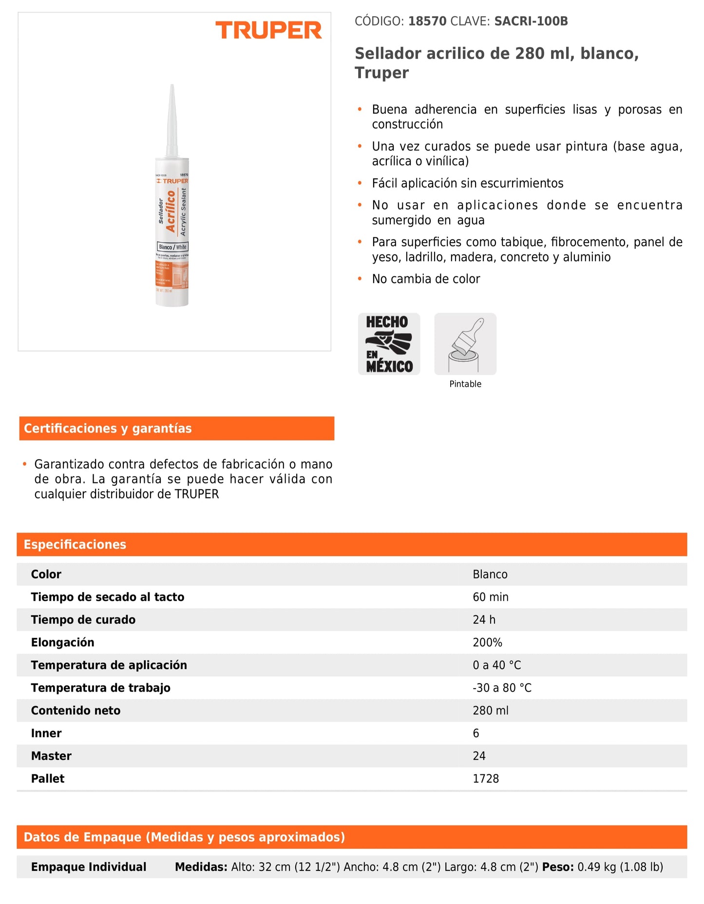 Sellador acrilico de 280 ml blanco