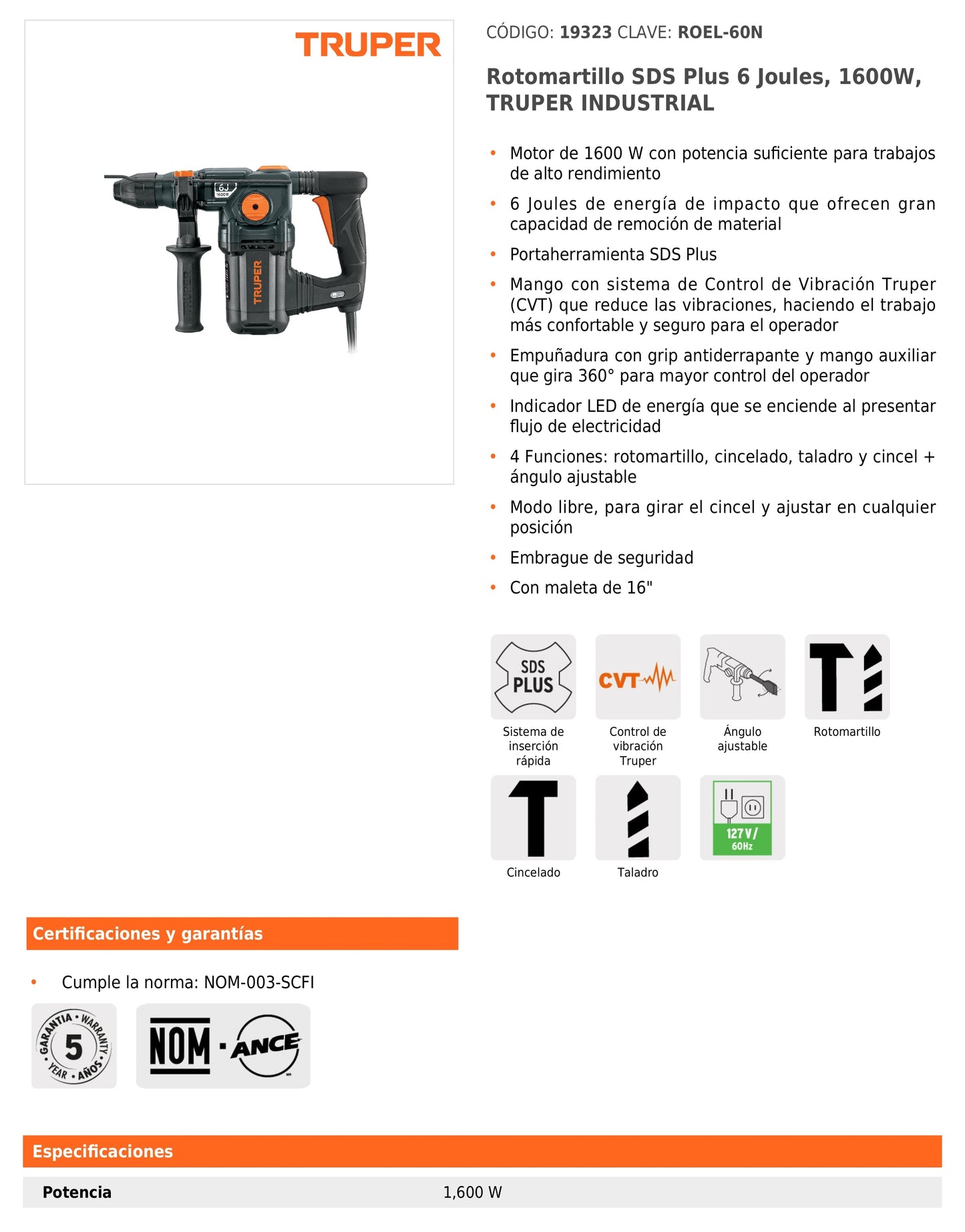 Rotomartillo SDS Plus 6 Joules 1600 W, industrial