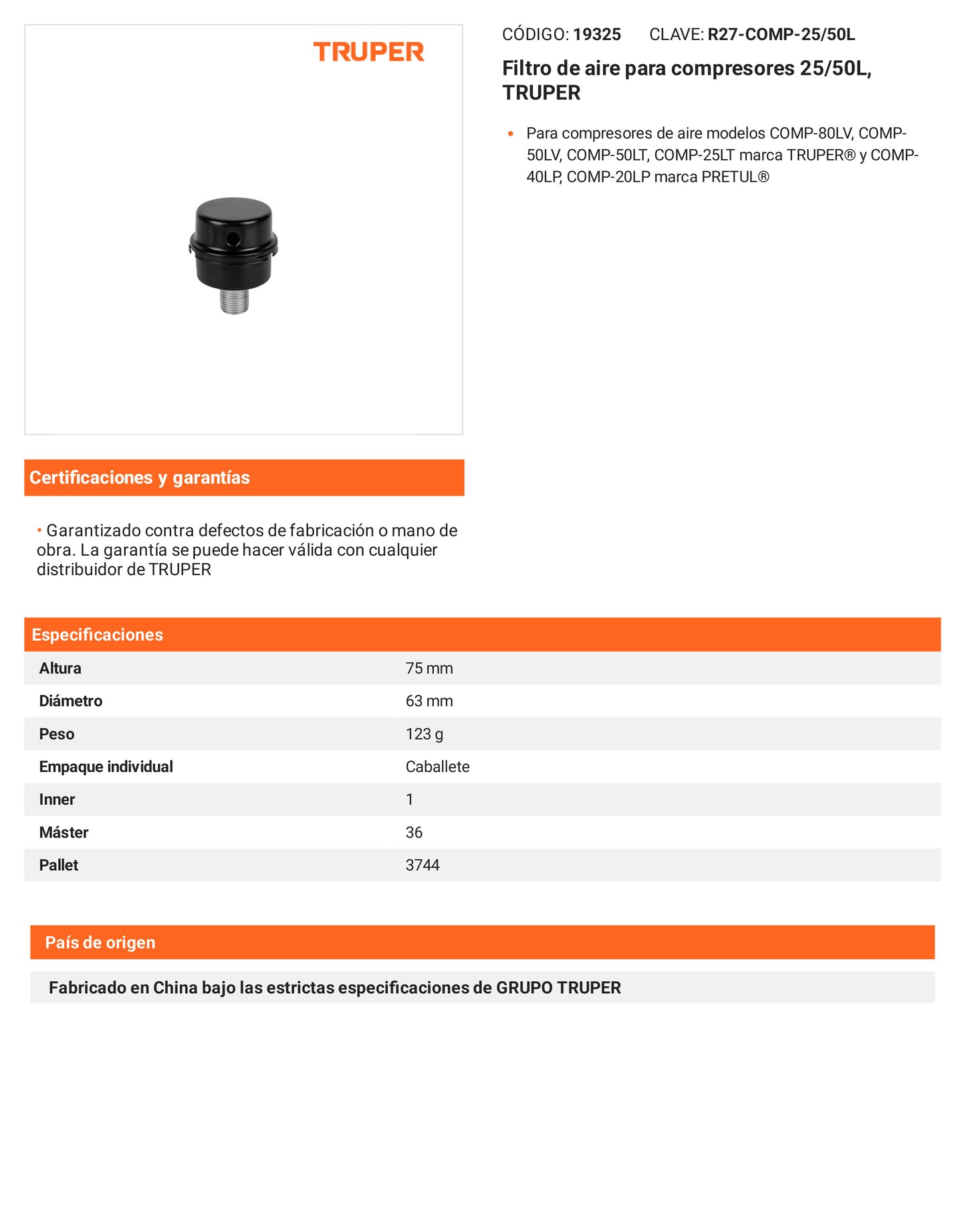 Ficha tecnica - Filtro de aire para compresores 25/50L - SKU 19325