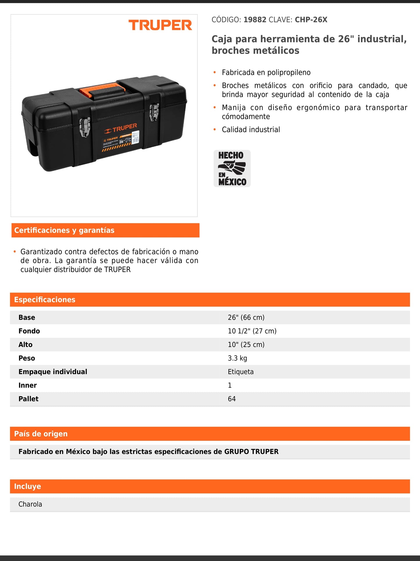 Caja para herramienta de 66 cm industrial con broches metálicos
