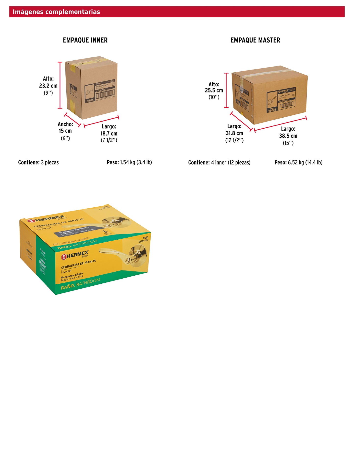 Cerradura manija baño de latón brillante con cilindro metálico