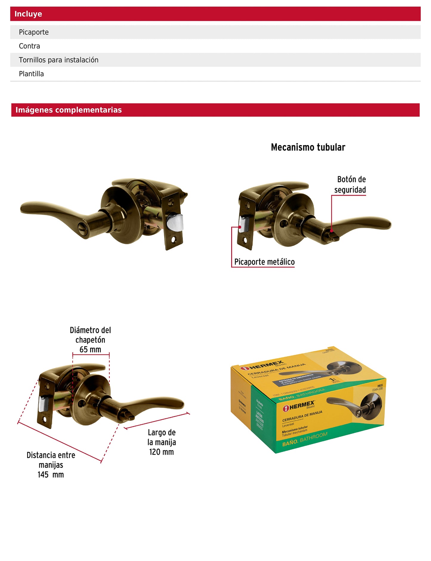 Cerradura manija baño de latón antiguo con cilindro metálico