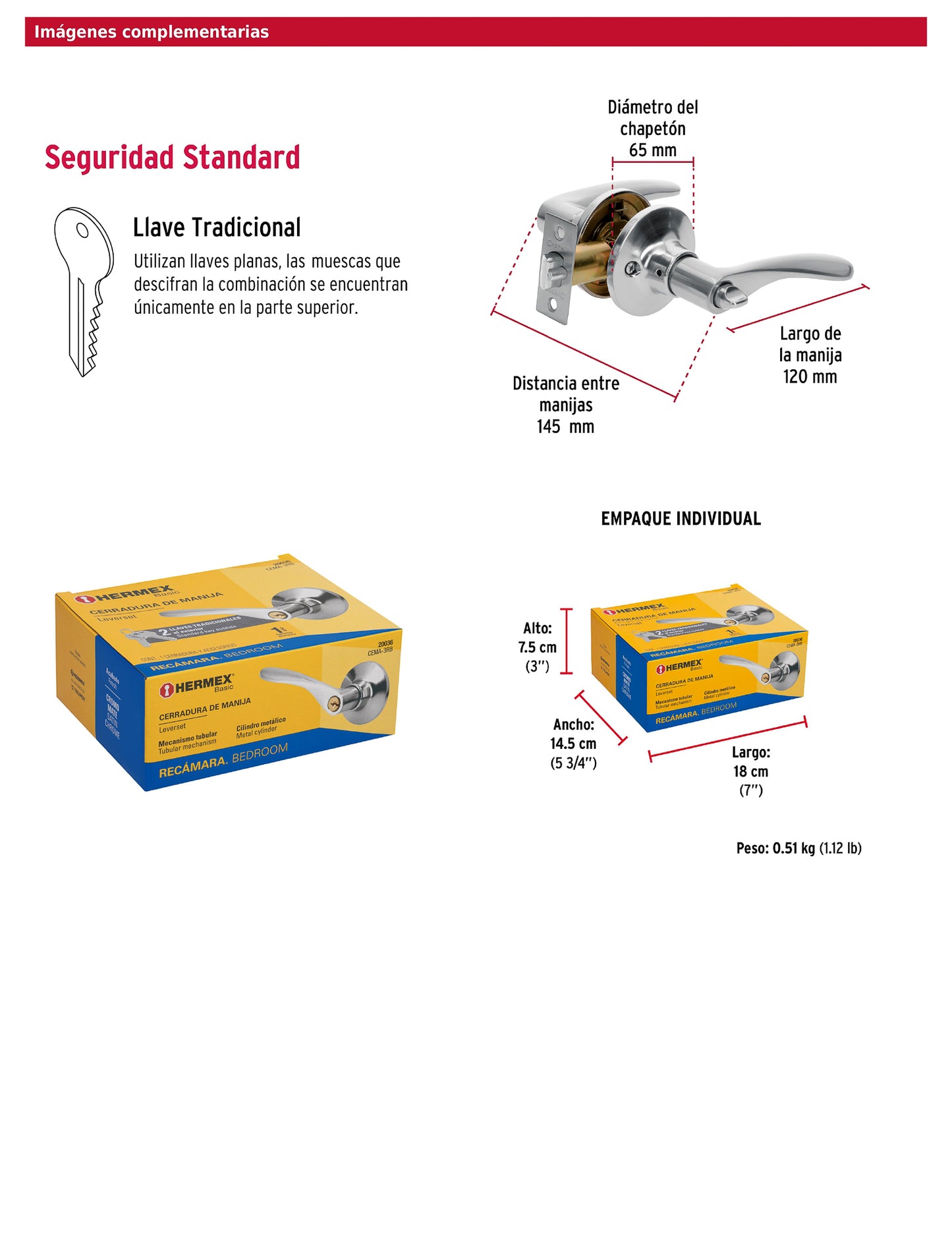 Cerradura manija recámara de cromo mate con cilindro metálico