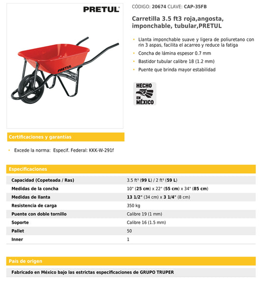 Carretilla 3.5 ft³ roja angosta imponchable tubular