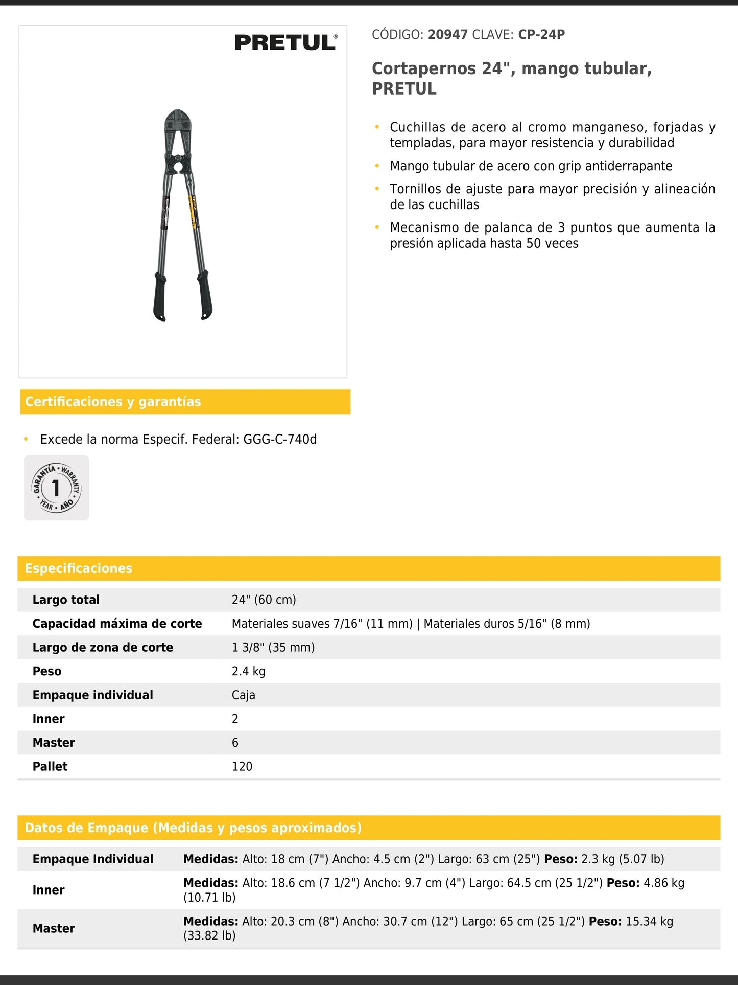 Cortapernos de 24 pulgadas con mango tubular