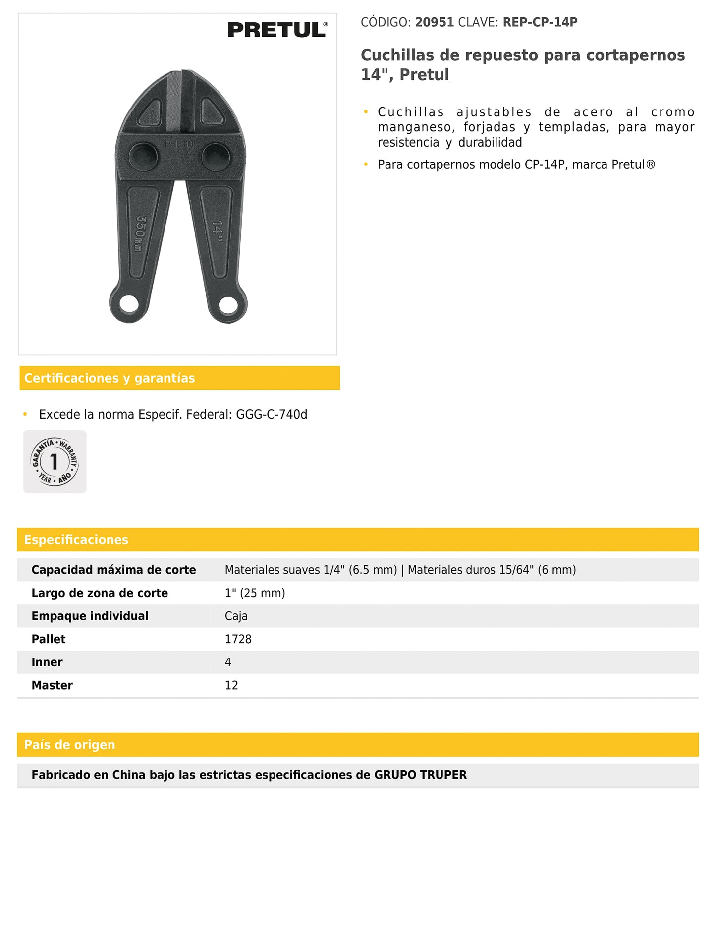 Cuchillas de repuesto para cortapernos de 14 pulgadas con acero al cromo manganeso