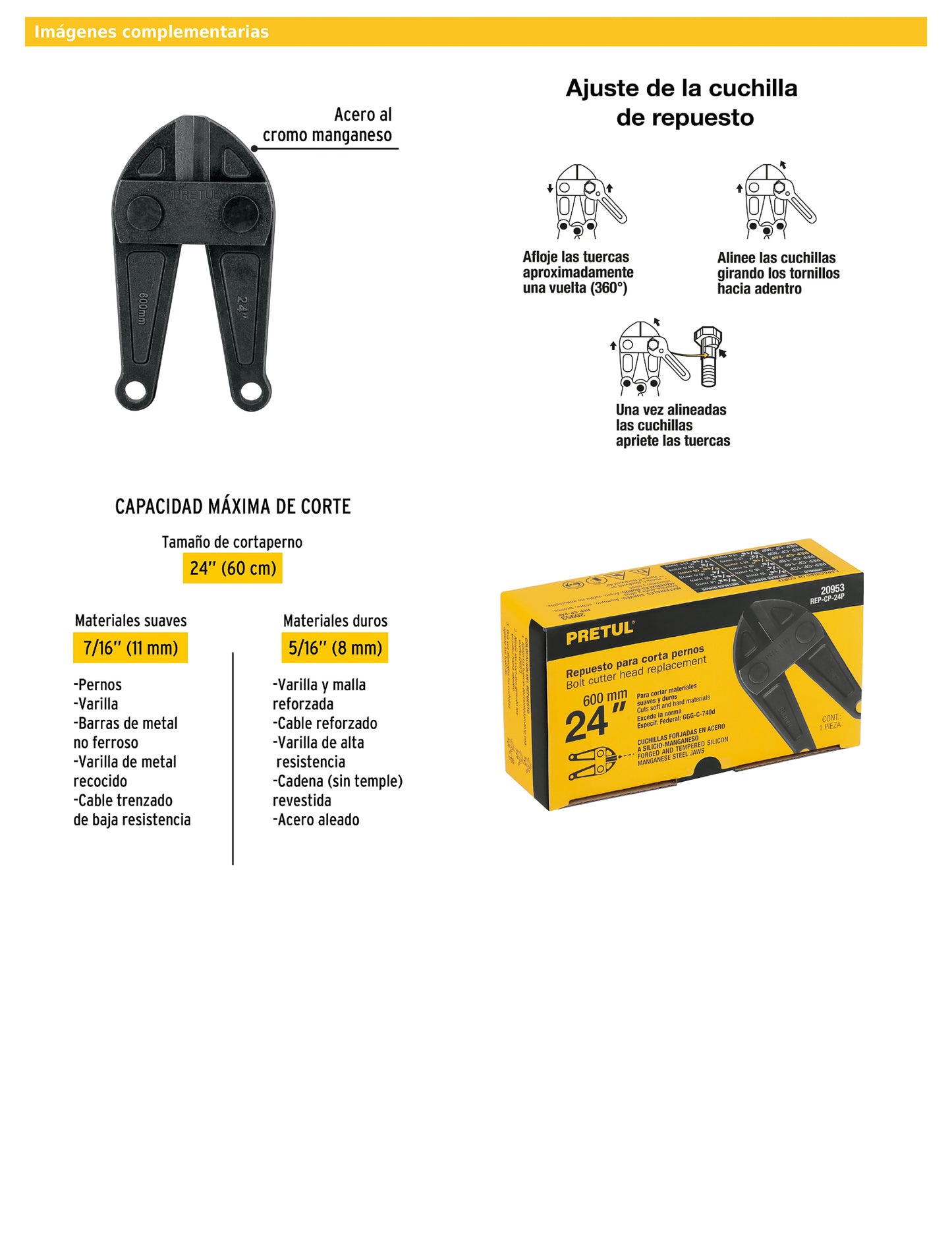 Cuchillas de repuesto para cortapernos de 24 pulgadas con acero al cromo manganeso