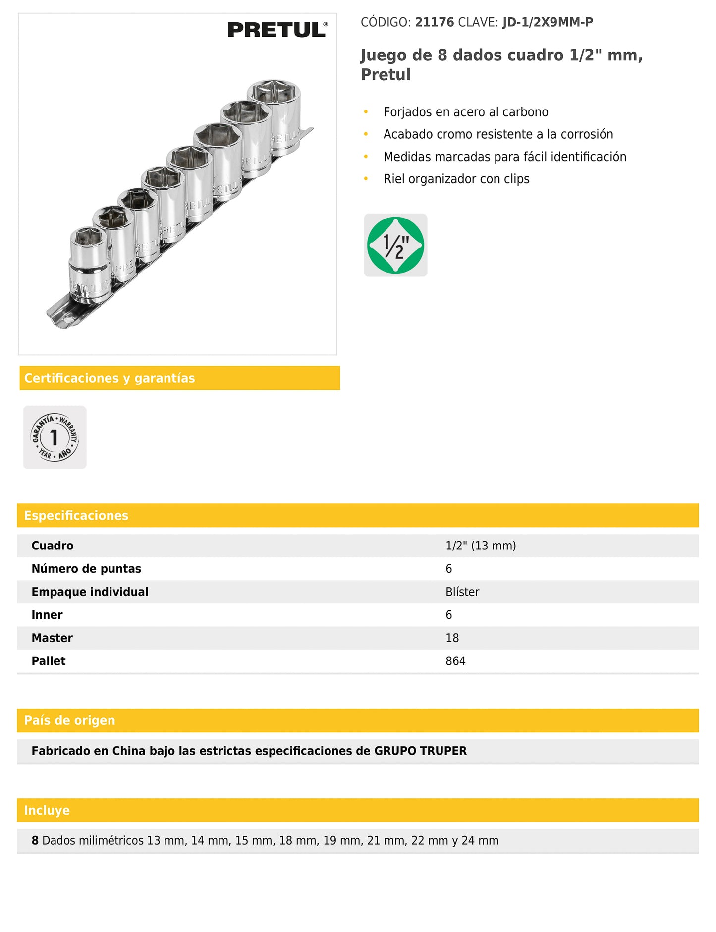 Juego de 8 dados de cuadro 1/2 con riel organizador