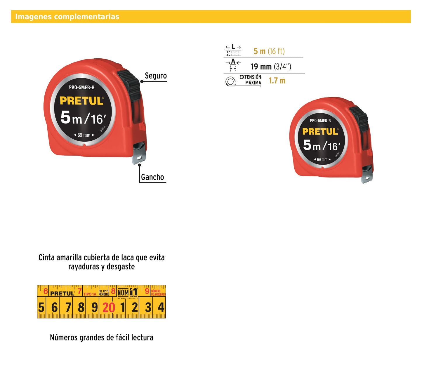 Cinta métrica roja de 5 m con cinta de 19 mm en tarjeta