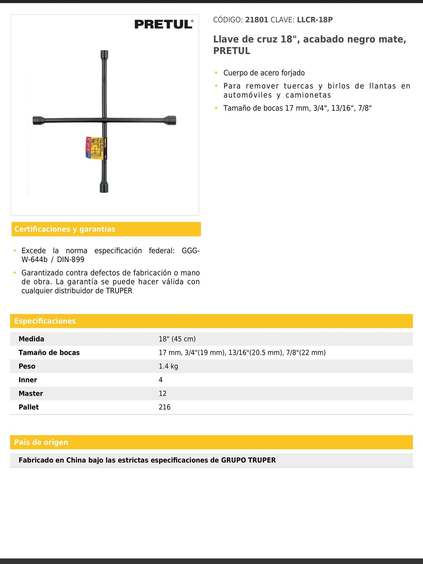 Llave de cruz de 45 cm en acabado negro mate