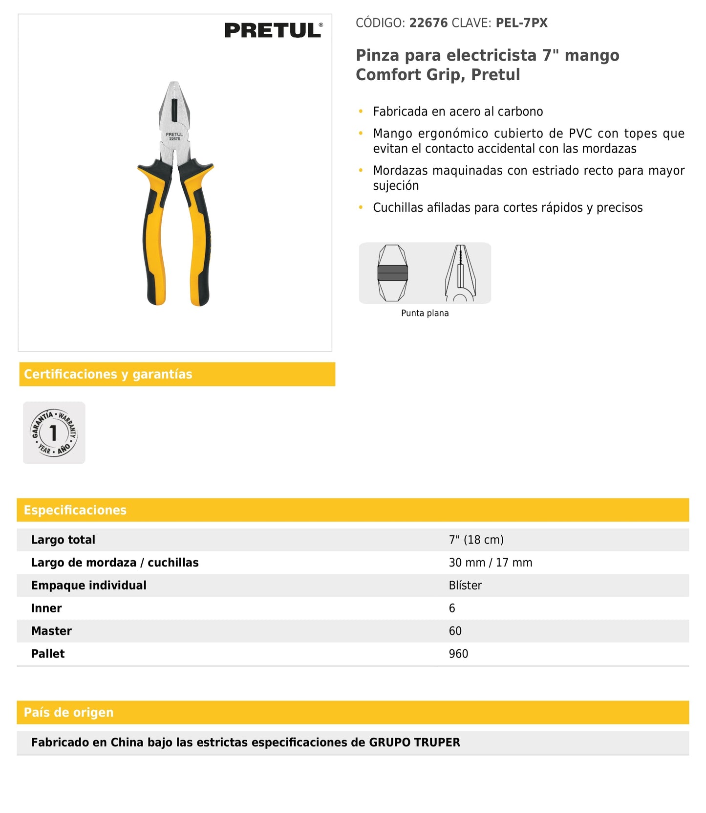 Pinza para electricista 7" mango Comfort Grip