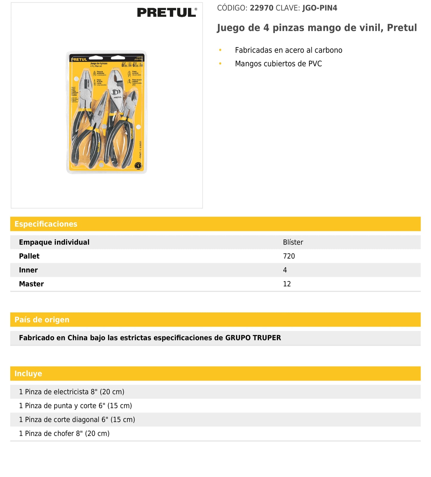 Juego de 4 pinzas mango de vinil