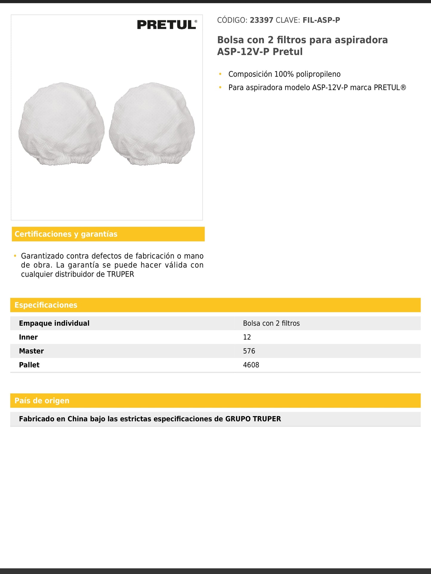 Bolsa con 2 filtros para aspiradora modelo ASP-12V-P