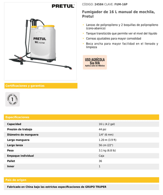 Fumigador manual de mochila de 16 L