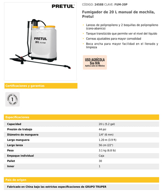 Fumigador manual de mochila de 20 L con lanza y boquillas de polipropileno