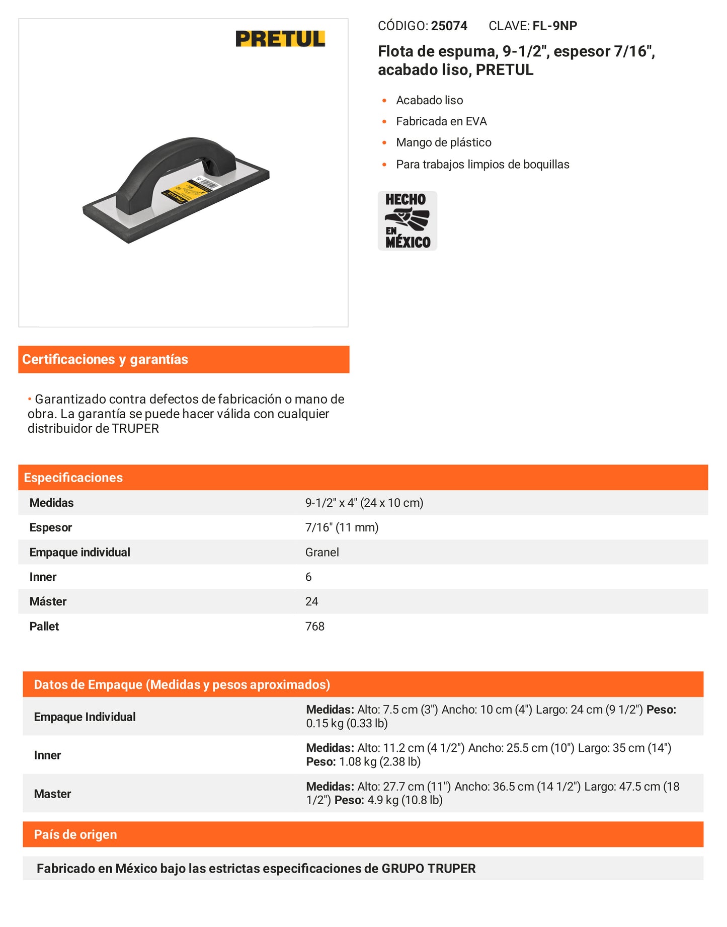 Ficha tecnica - Flota de espuma 9-1/2 pulg espesor 7/16 pulg - SKU 25074