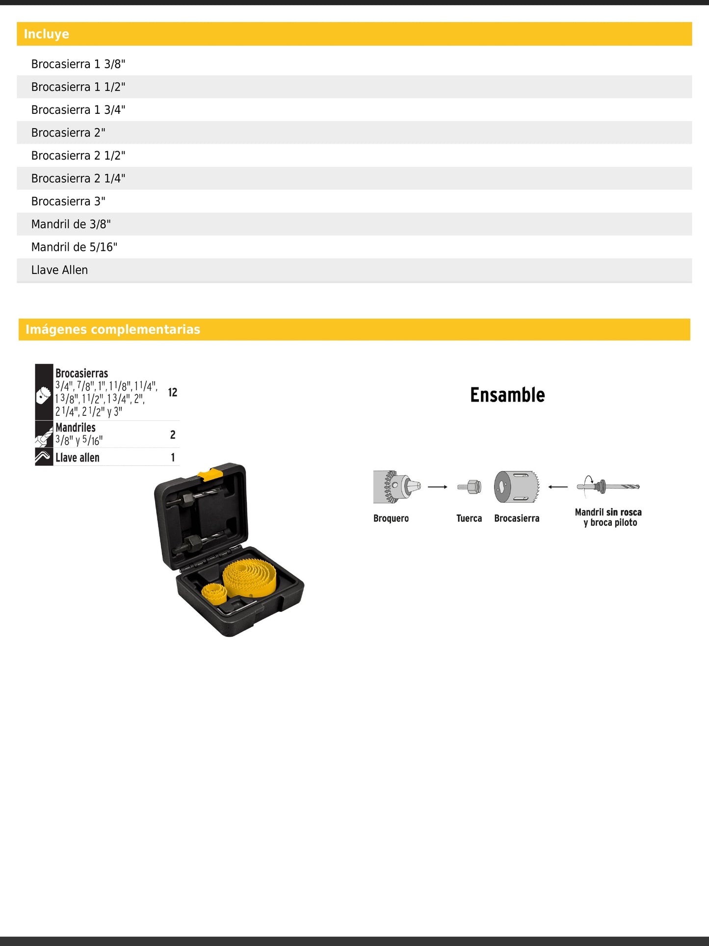 Juego de 14 piezas con brocasierras mandriles y llave allen