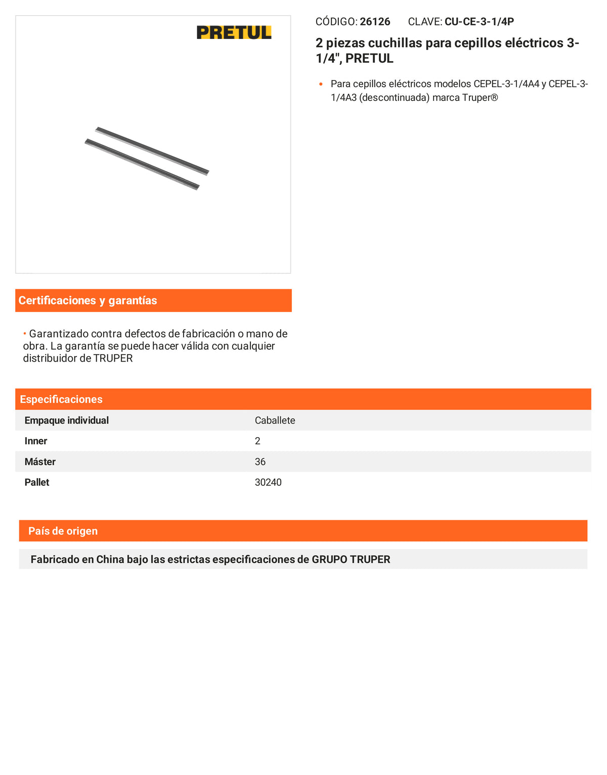 Ficha tecnica - 2 piezas cuchillas para cepillos 3-1/4 pulg - SKU 26126