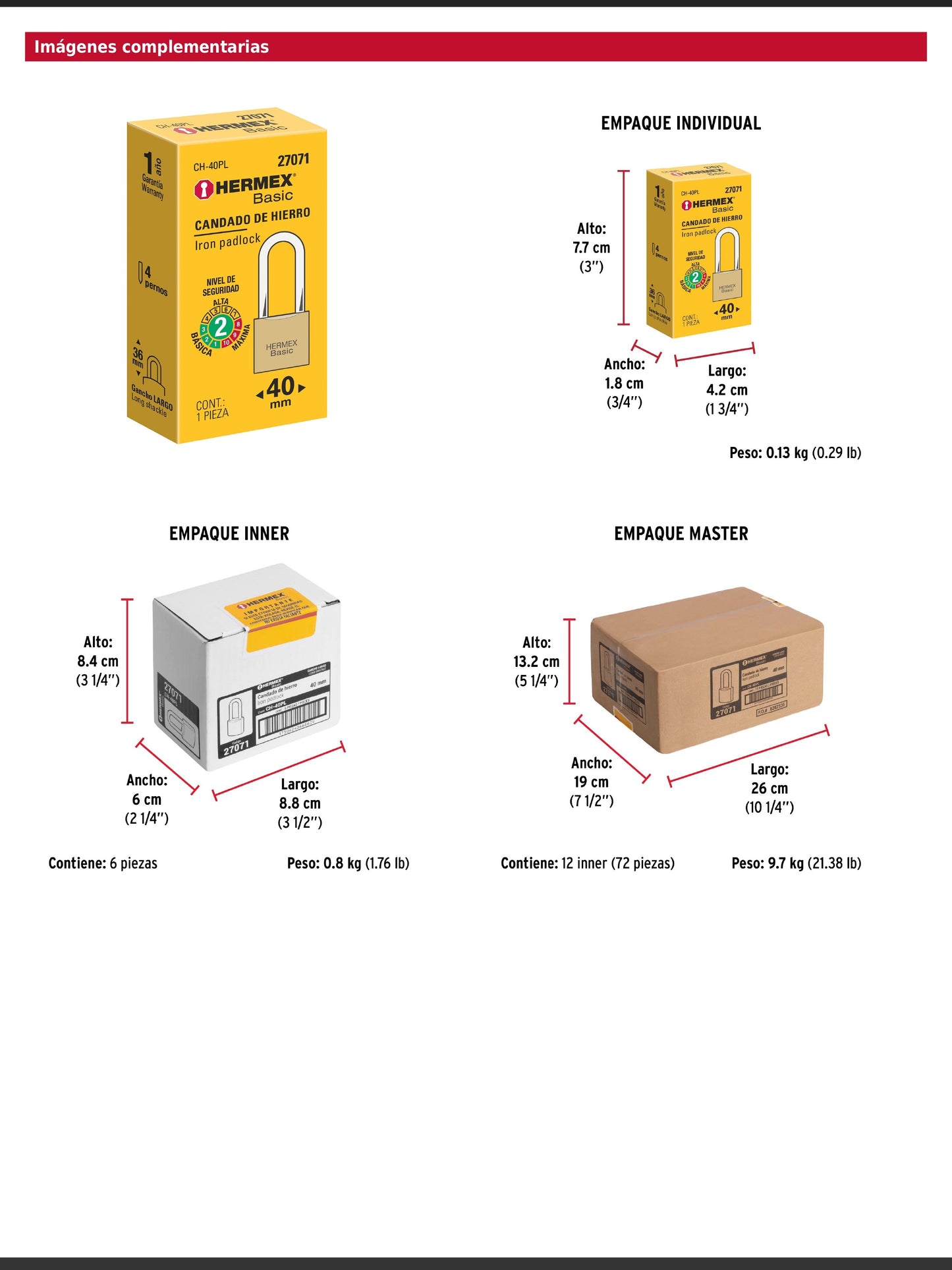 Candado de hierro de 40 mm con gancho largo