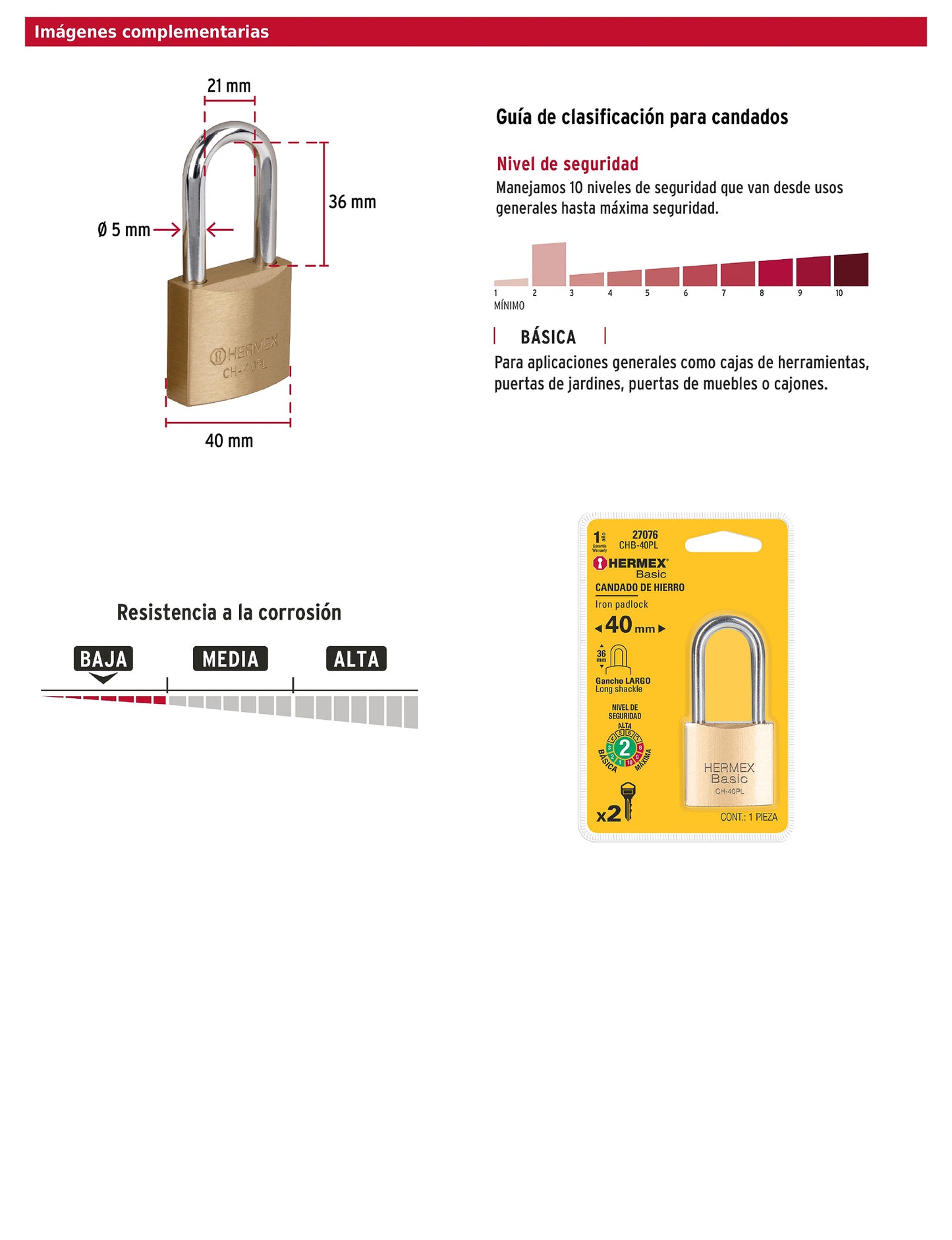 Candado de hierro color latón 40 mm largo