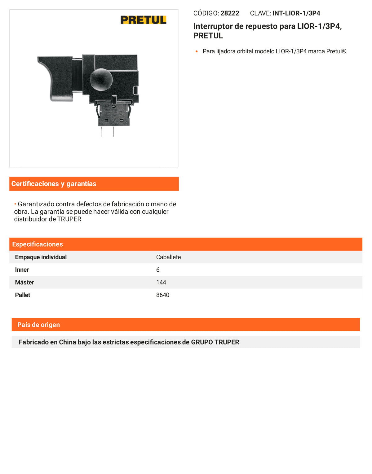Ficha tecnica - Interruptor para LIOR-1/3P4 - SKU 28222